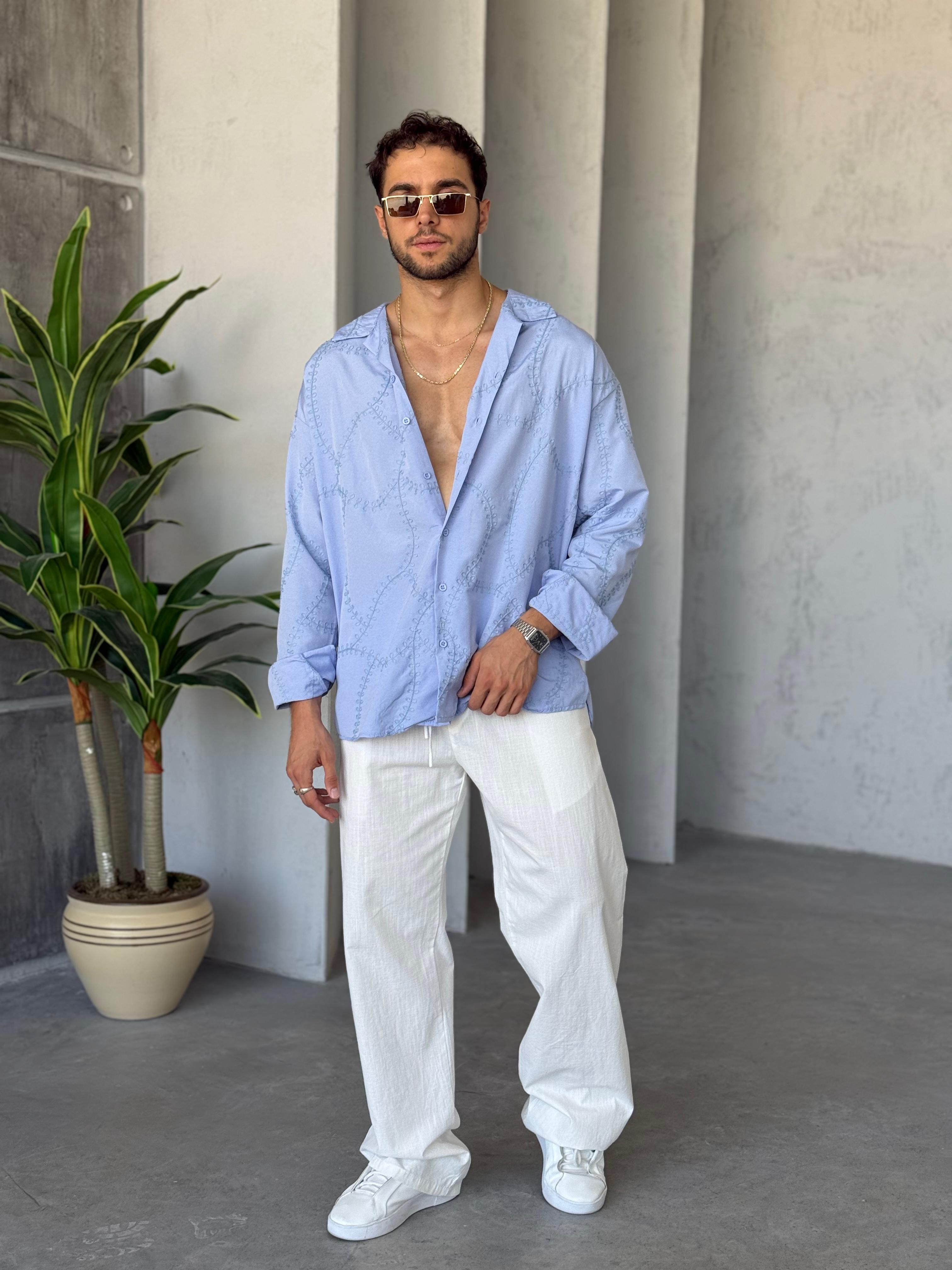 GM1093 Nakış Detaylı Oversize Gömlek Bebe Mavi