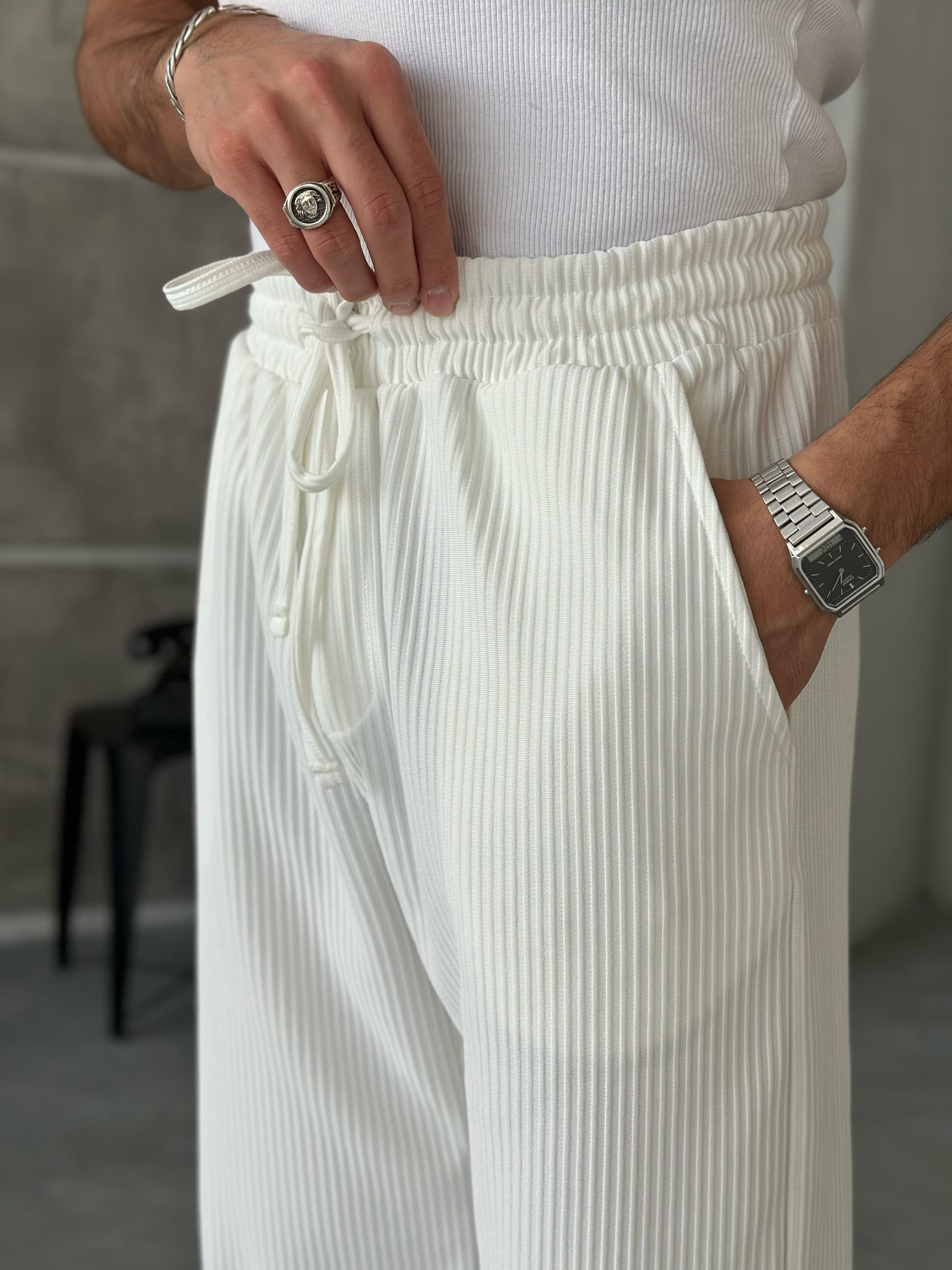 KM221 Fitilli Baggy Kumaş Pantolon Beyaz - G