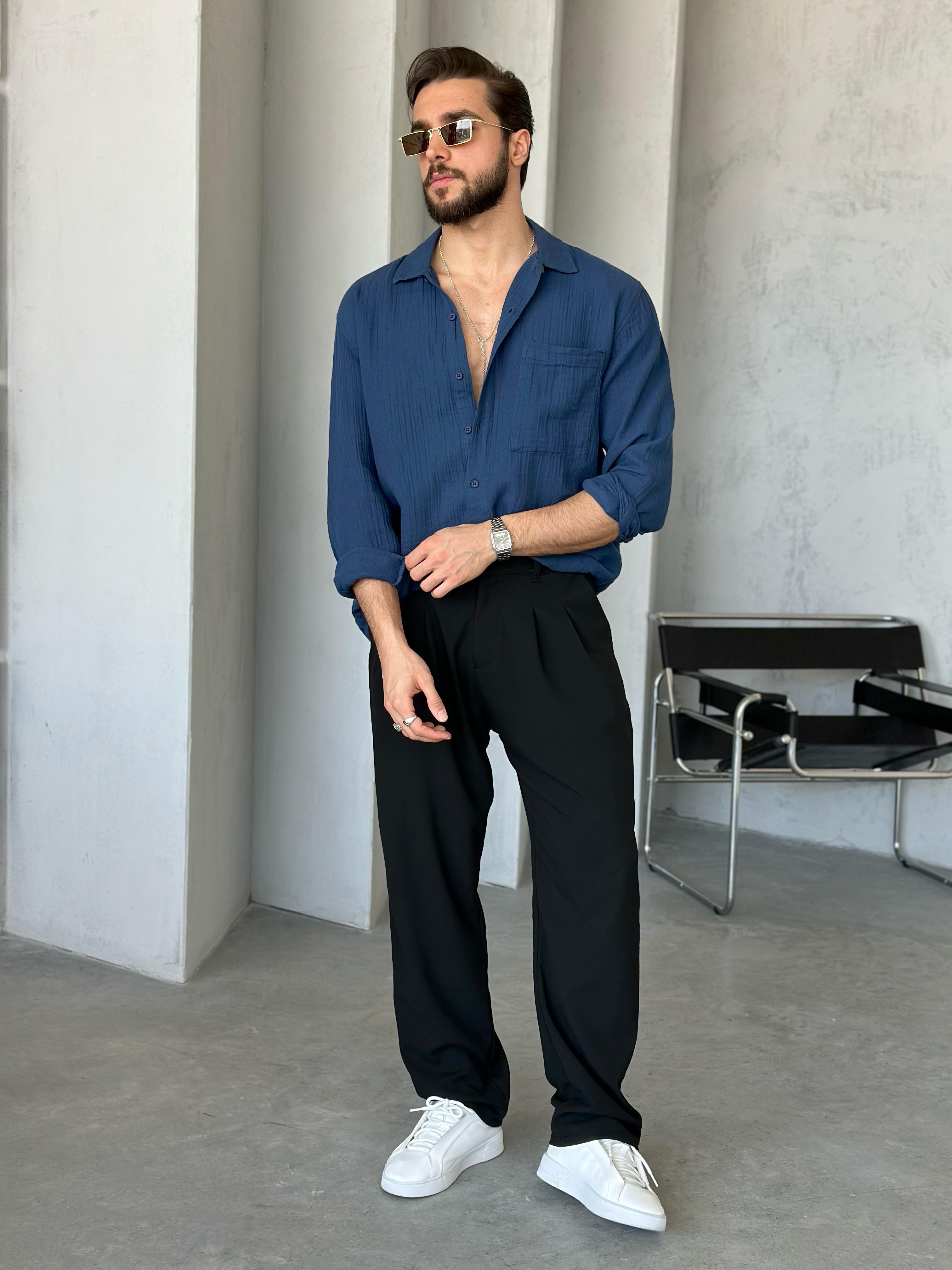 GM201 Müslin kumaş cepli oversize gömlek MAVİ