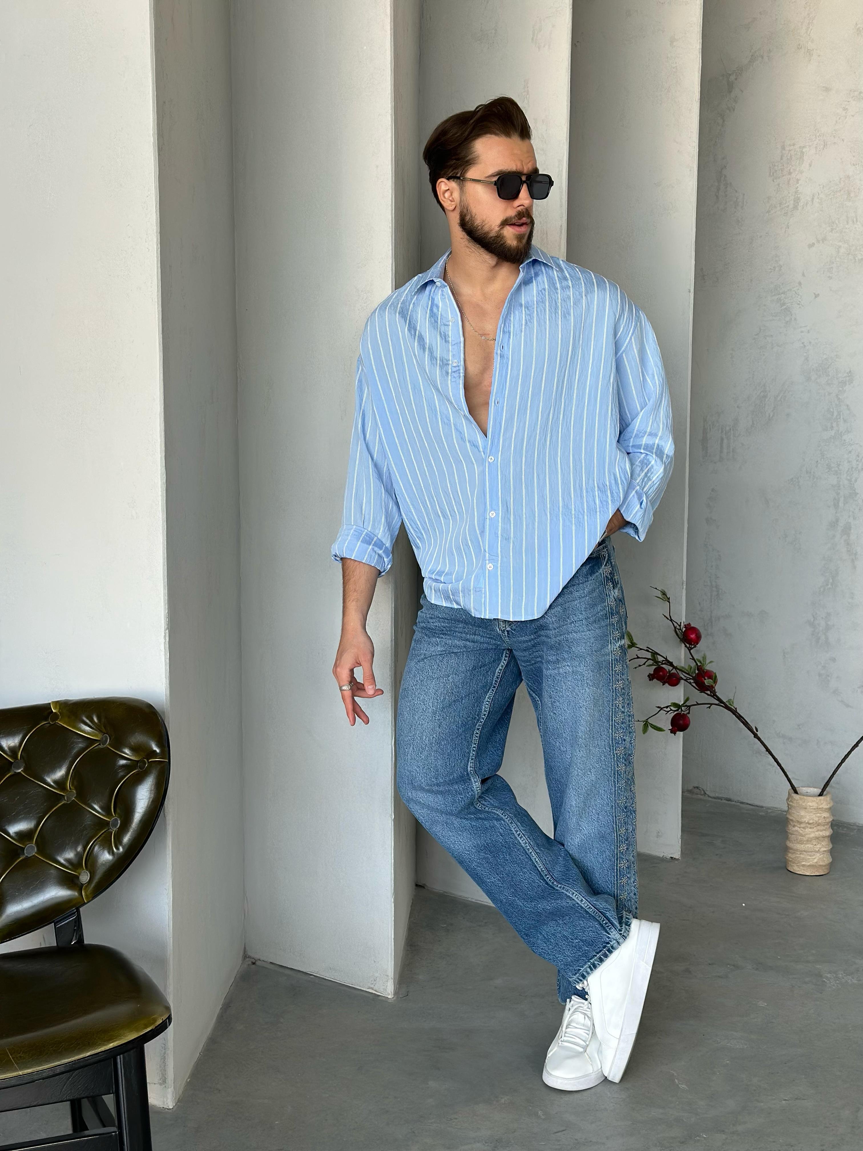 GM4403 Çizgili oversize gofre gömlek Bebe Mavi Beyaz Çizgili