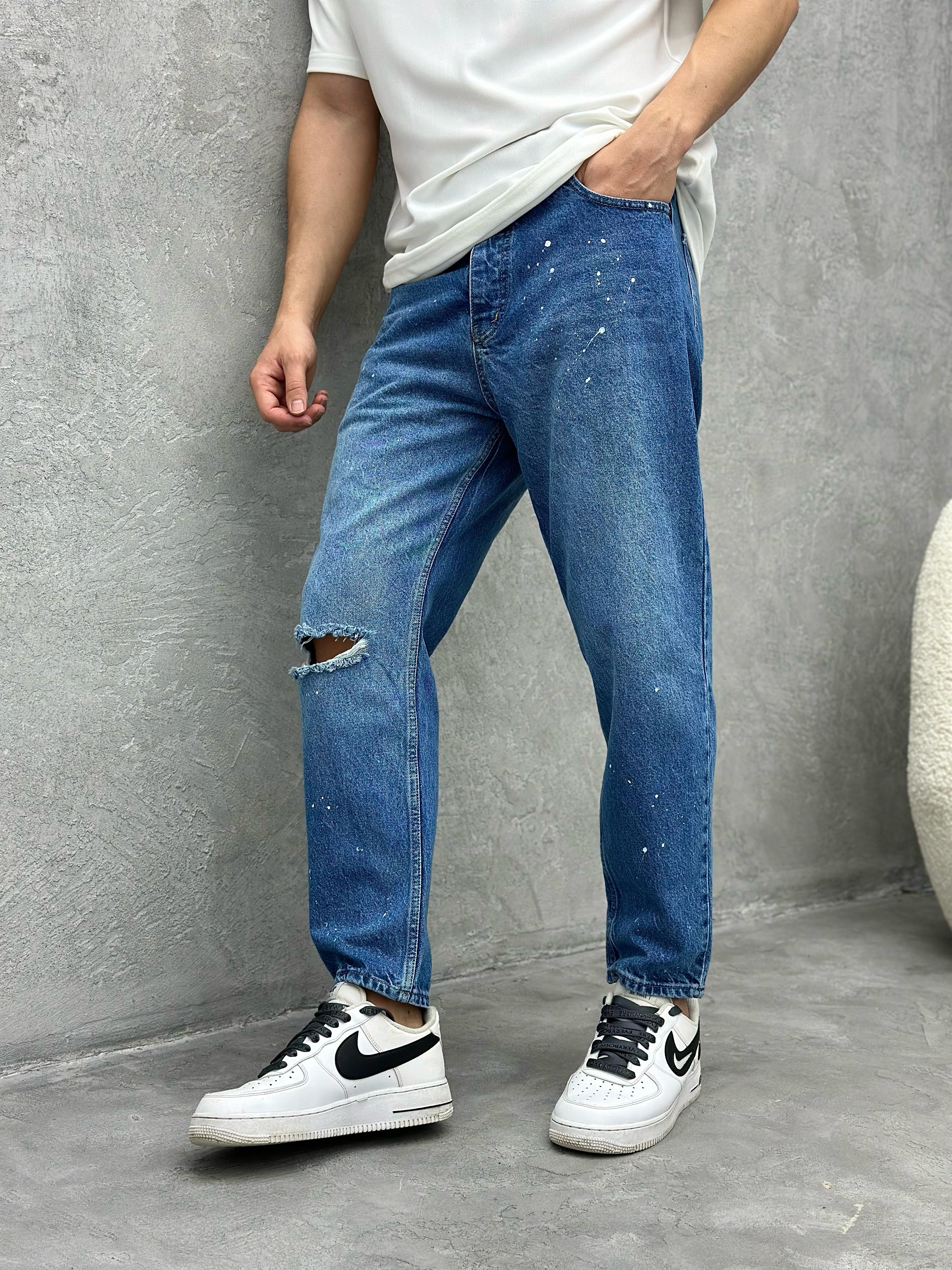 P423 Boyalı Diz Yırtık Boyfriend Pantolon