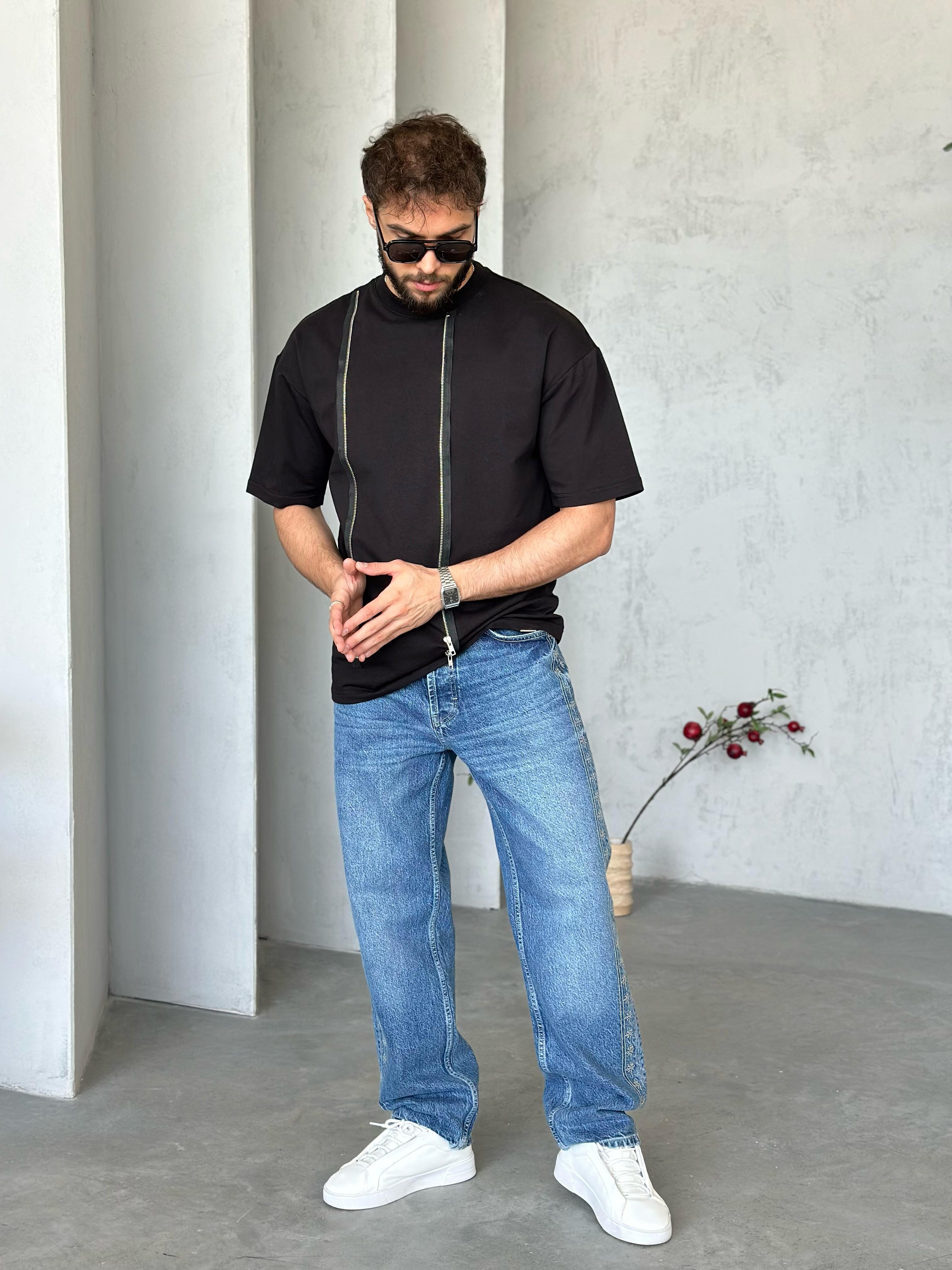 T504 Fermuar Detaylı Tasarım T-shirt Siyah