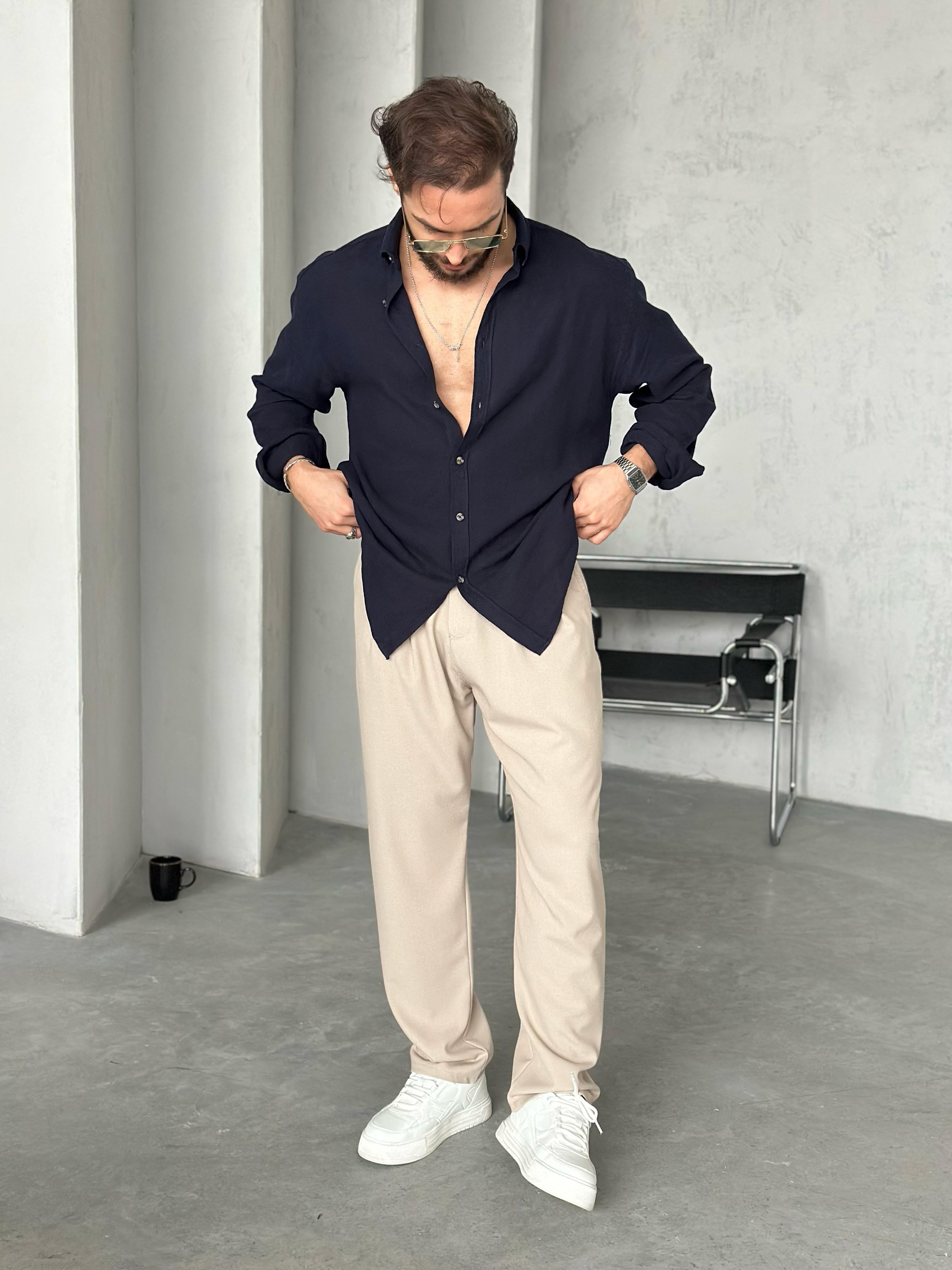 Pamuk Keten Oversize Gömlek Lacivert