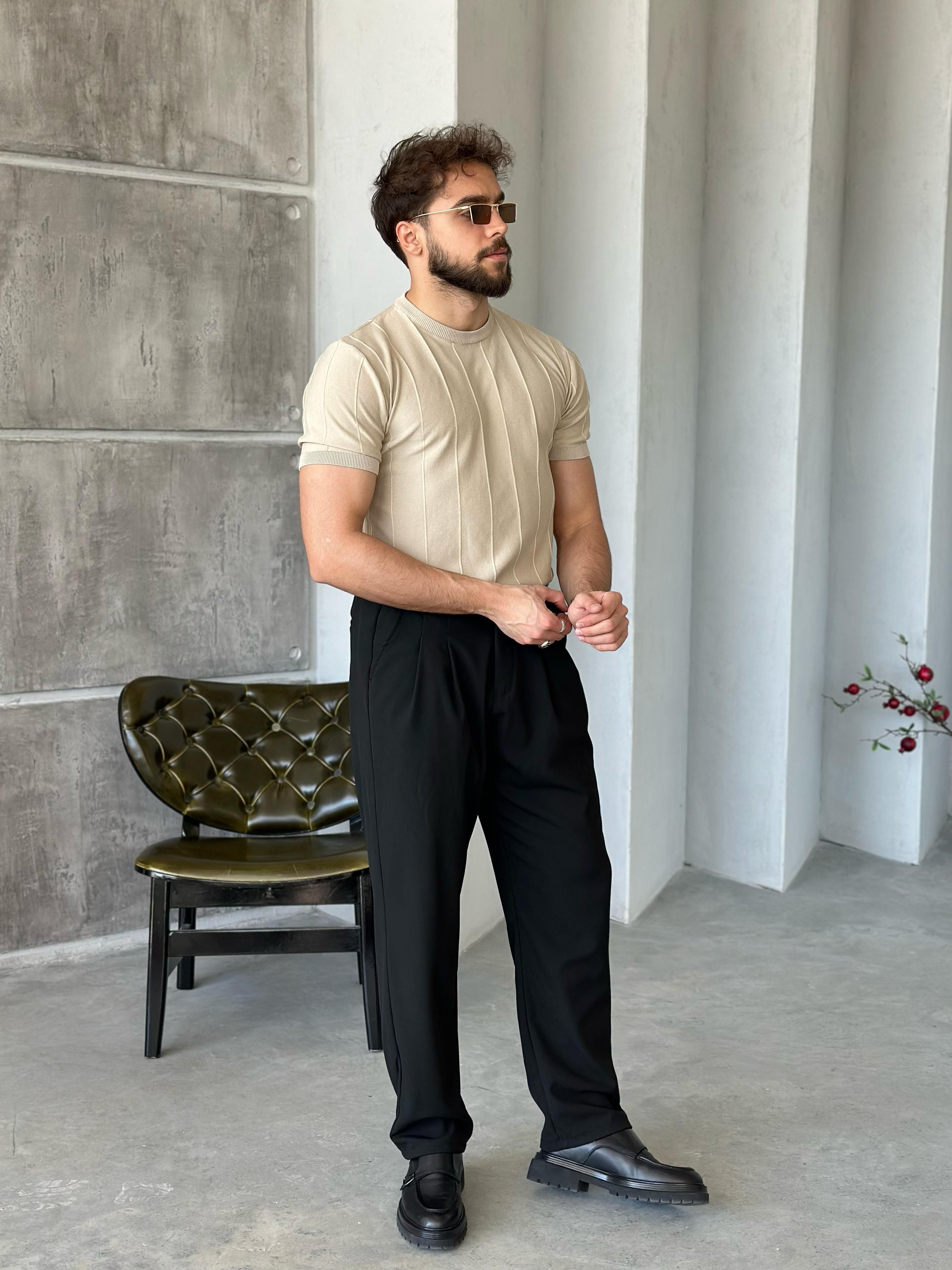 TR6501 Çizlili Basic Triko Bej