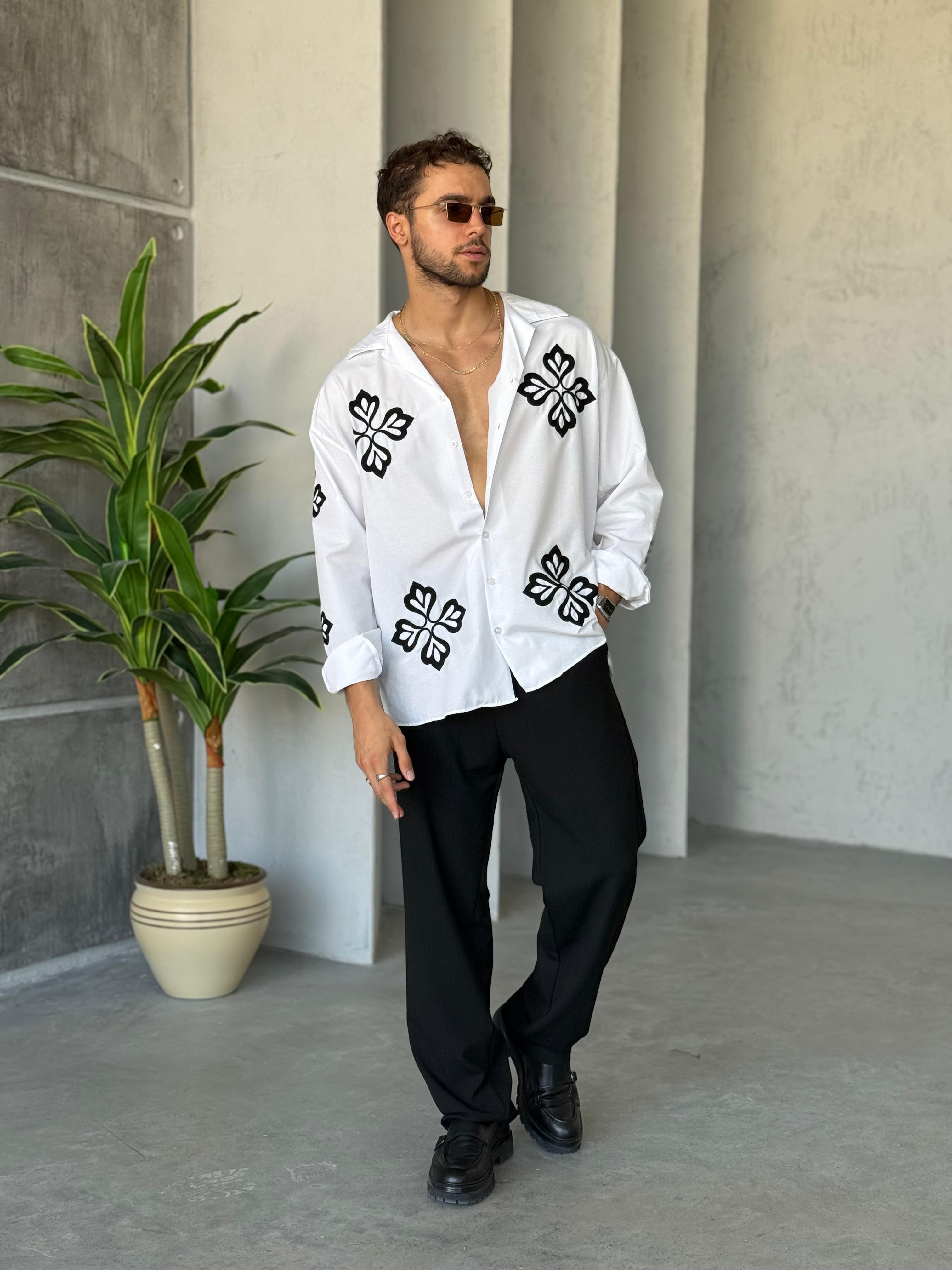 GM2090 Nakış Detaylı Oversize Gömlek Beyaz