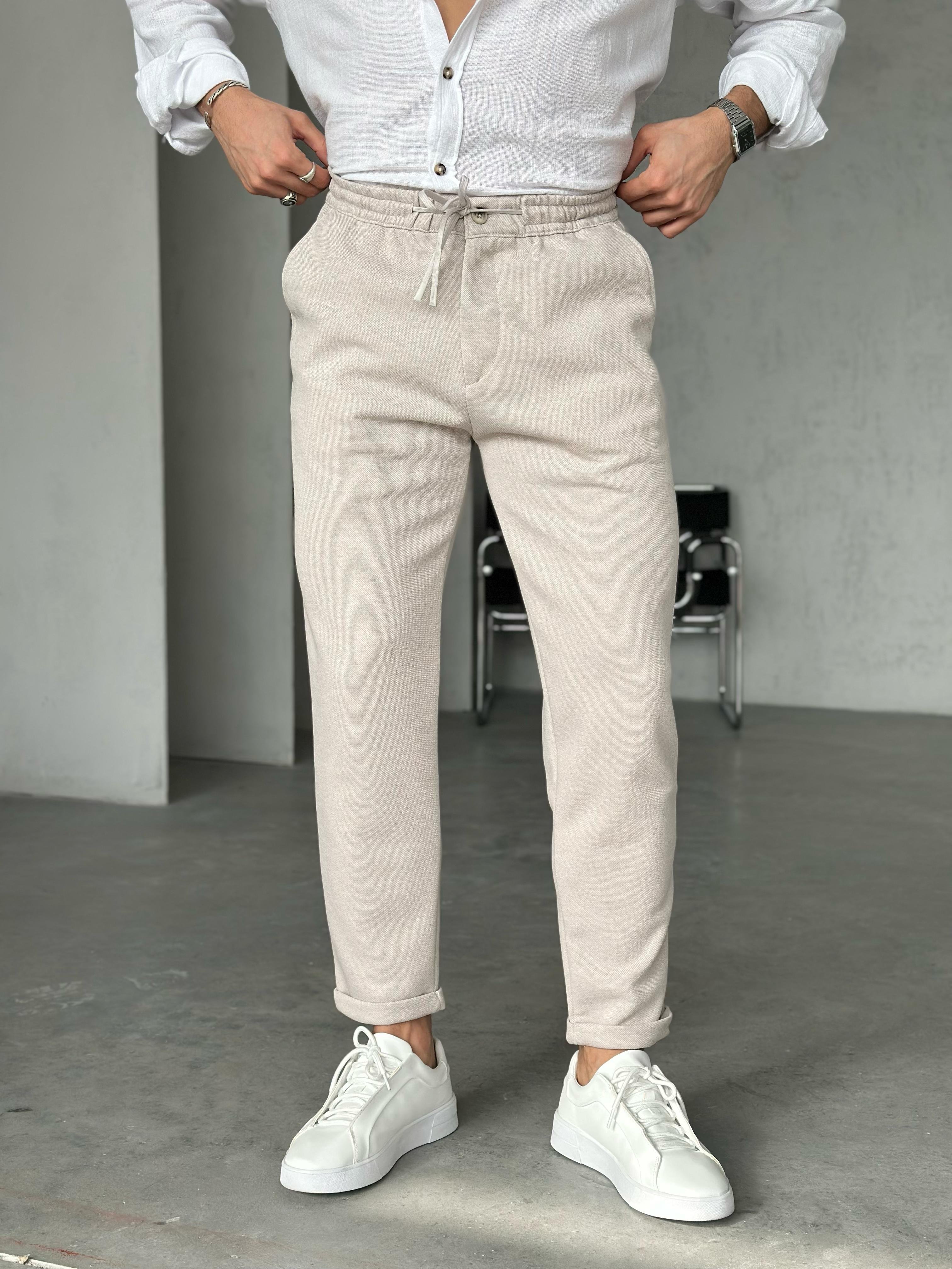 KM50360 Örme Slim jogger pantolon Krem - W