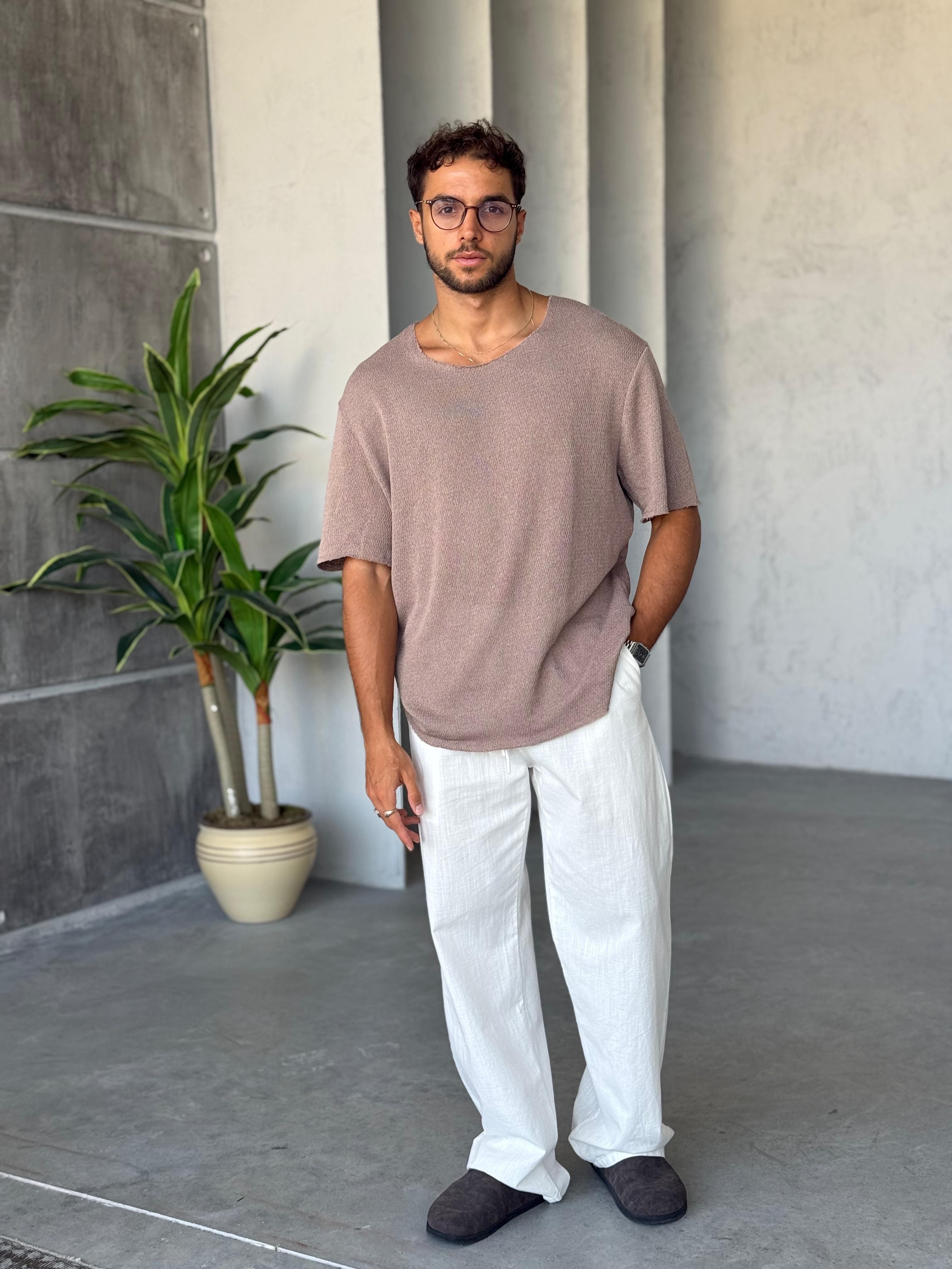TR3002 Naturel Yaka triko t-shirt KAHVE K