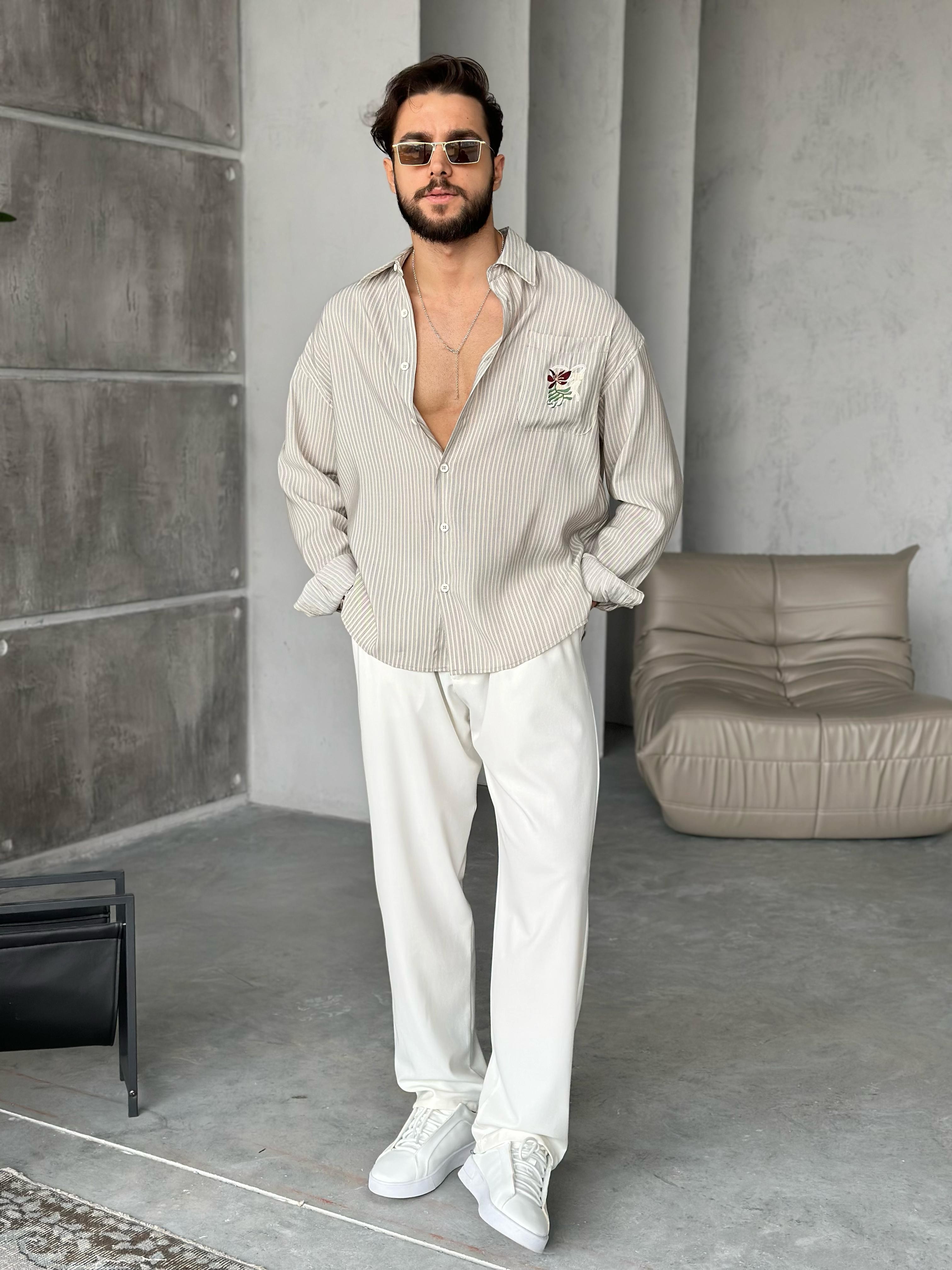Modal Kumaş Nakış Detaylı Oversize Gömlek Bej Beyaz