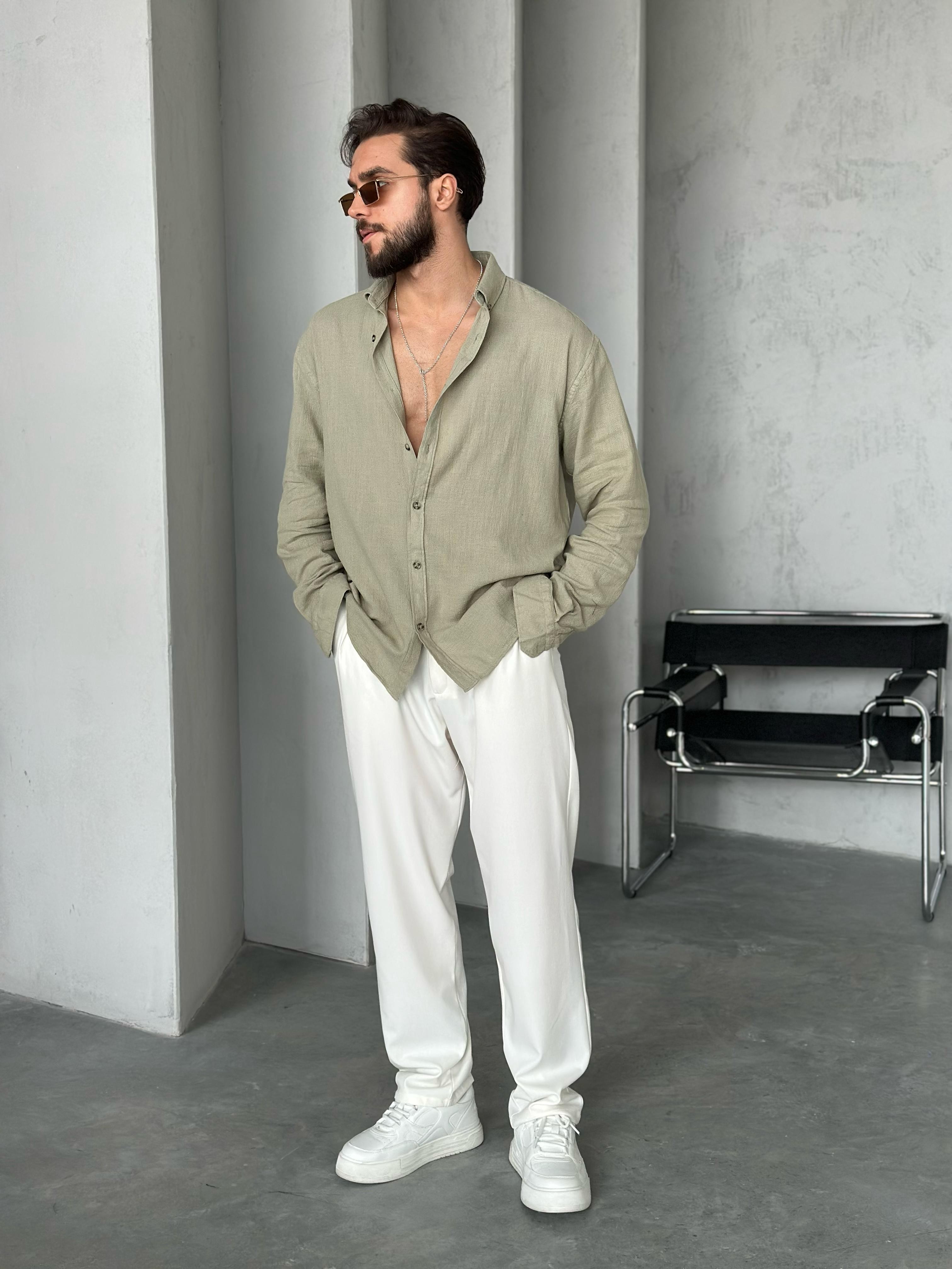Pamuk Keten Oversize Gömlek Açık Haki