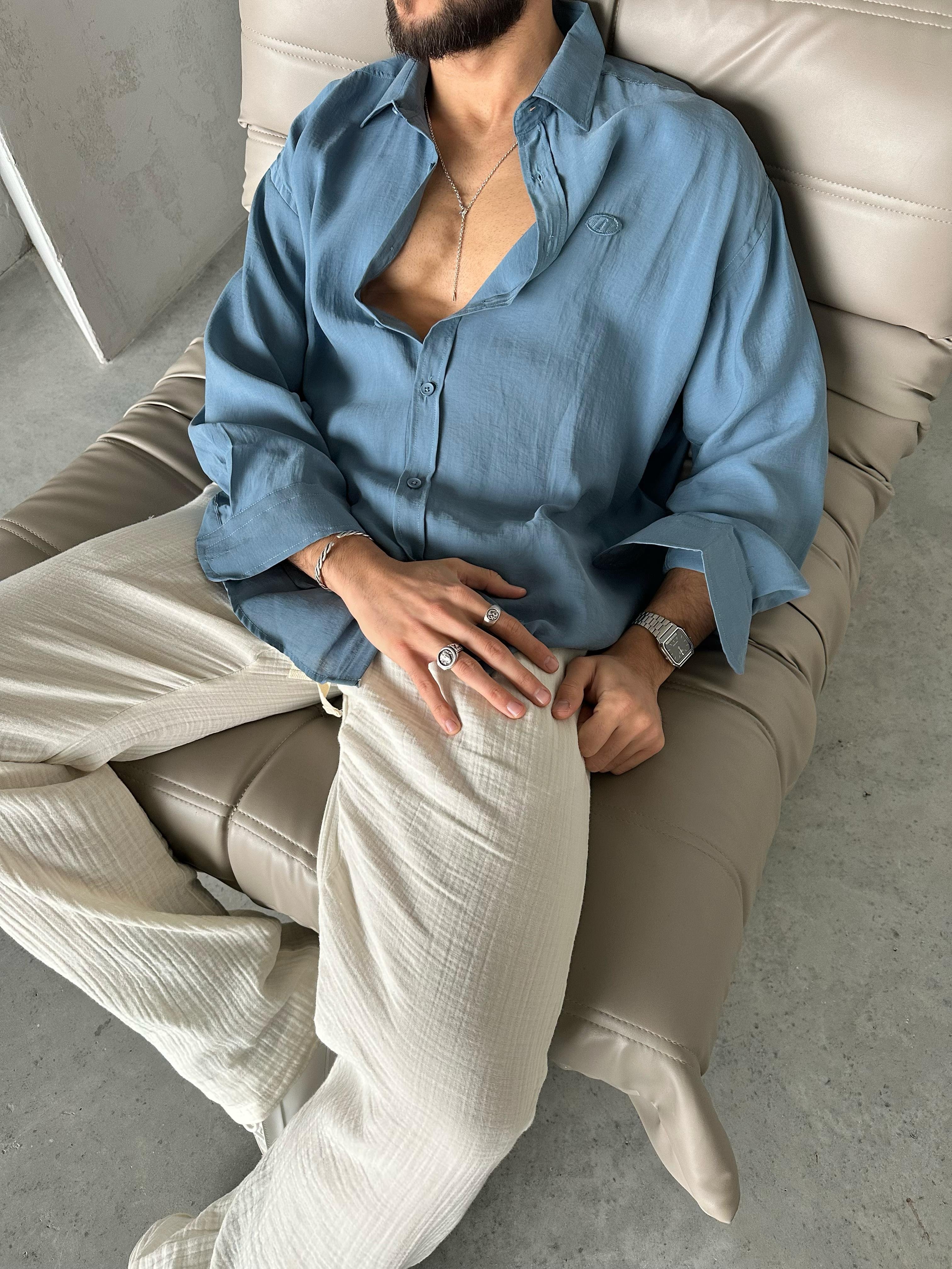 Modal Kumaş Oversize Gömlek indigo