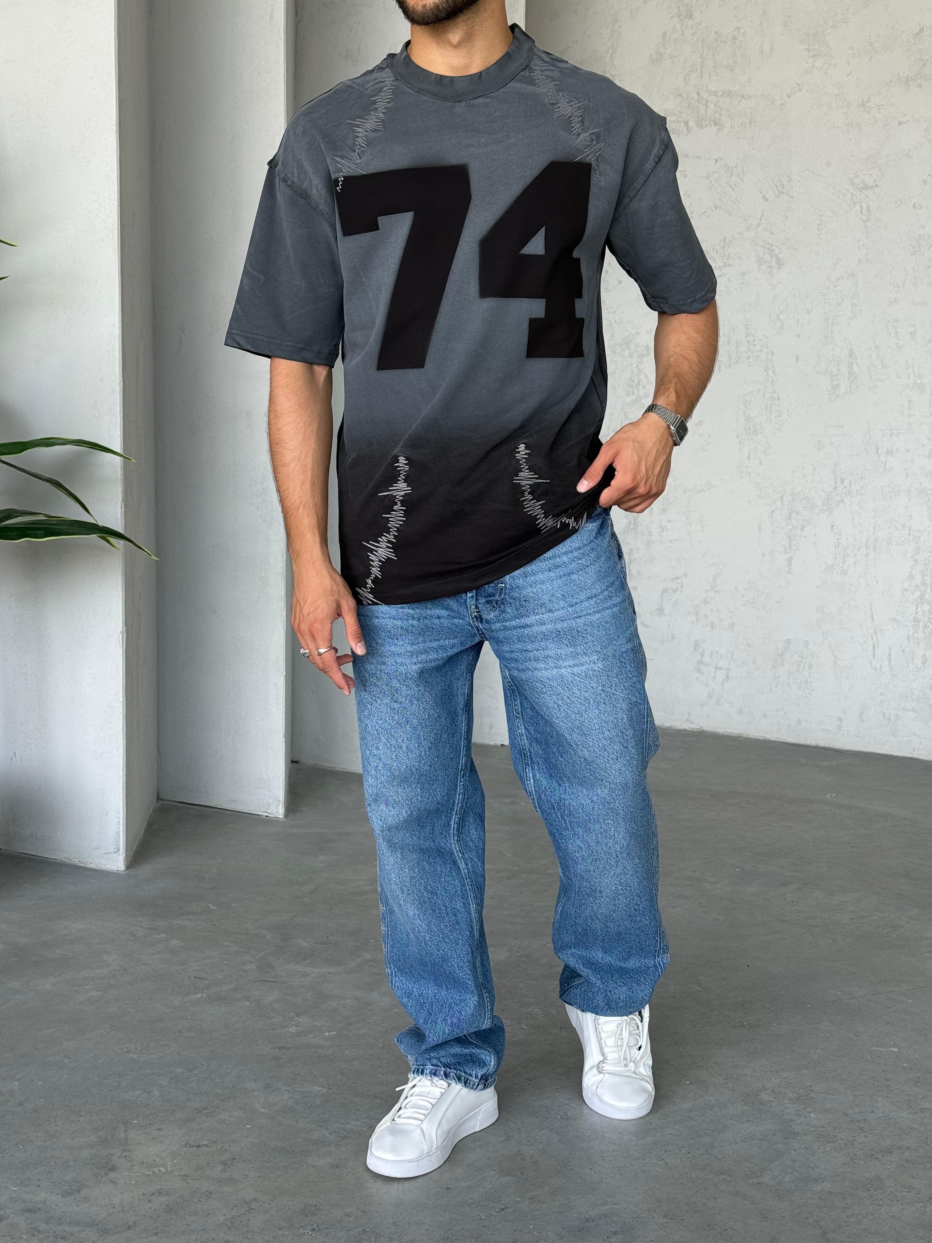 T5001 Yıkamalı Tasarım Oversize T-shirt Füme