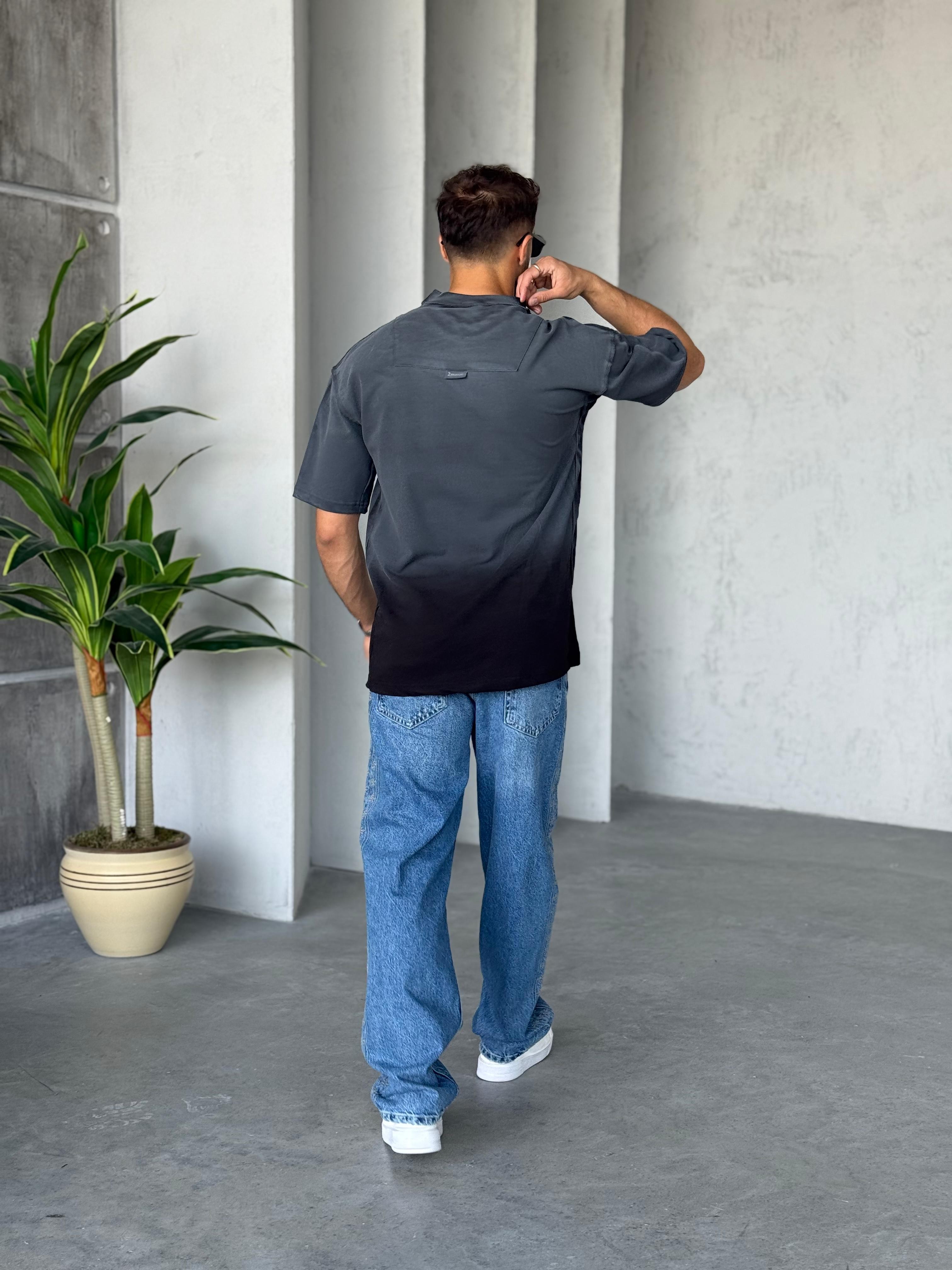 T5001 Yıkamalı Tasarım Oversize T-shirt Füme