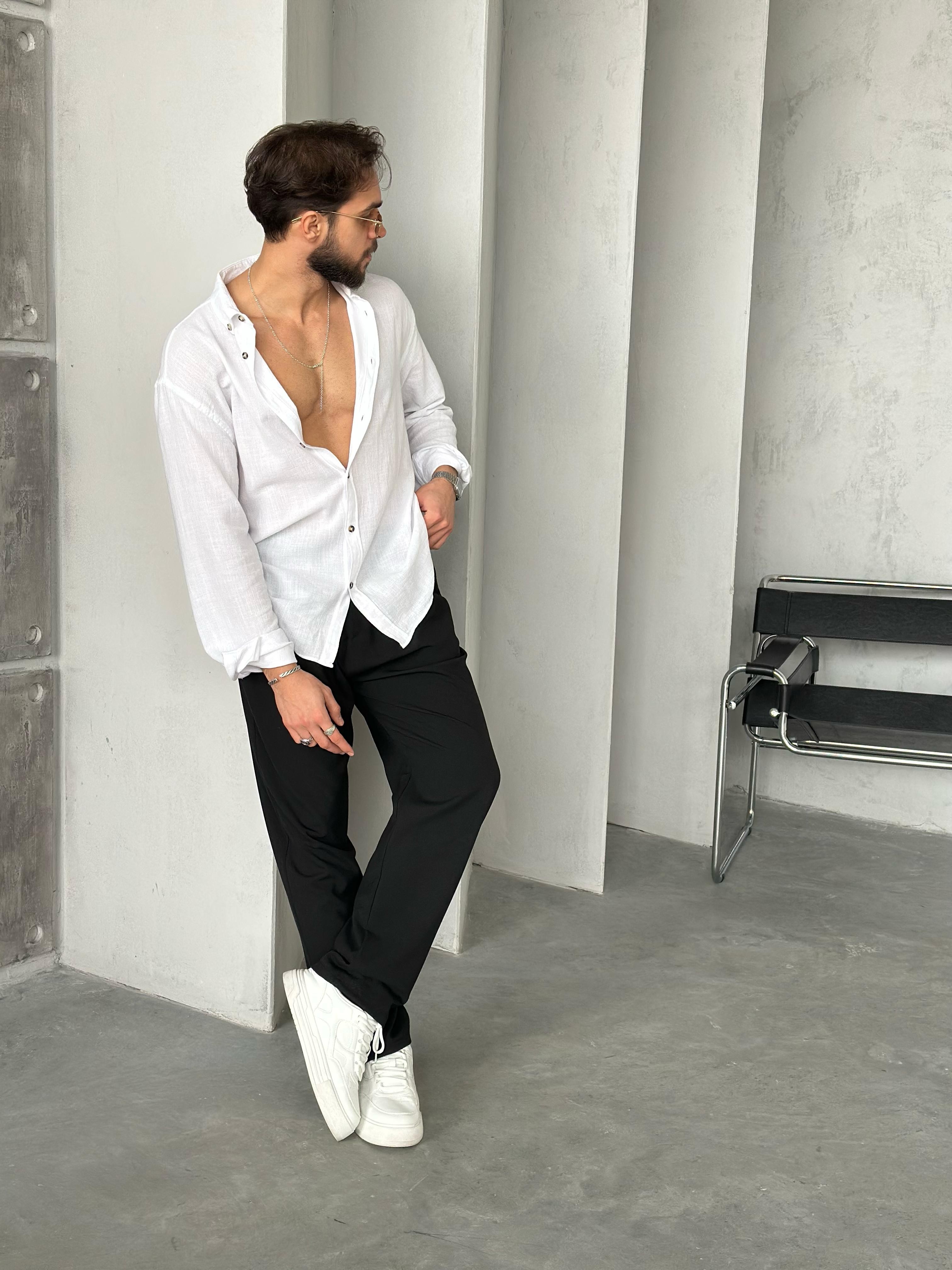 Pamuk Keten Oversize Gömlek Beyaz