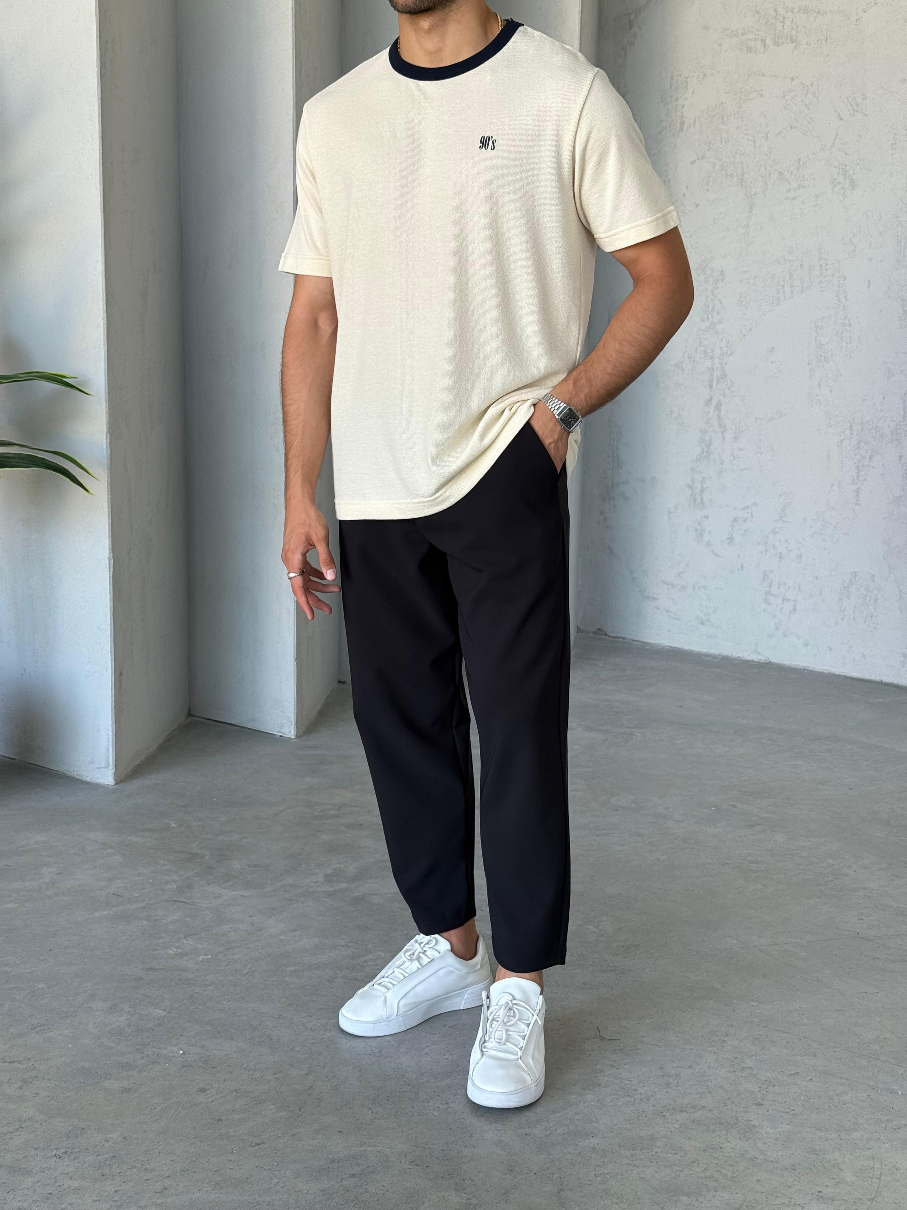 T7662 90’s nakışlı T-shirt Krem