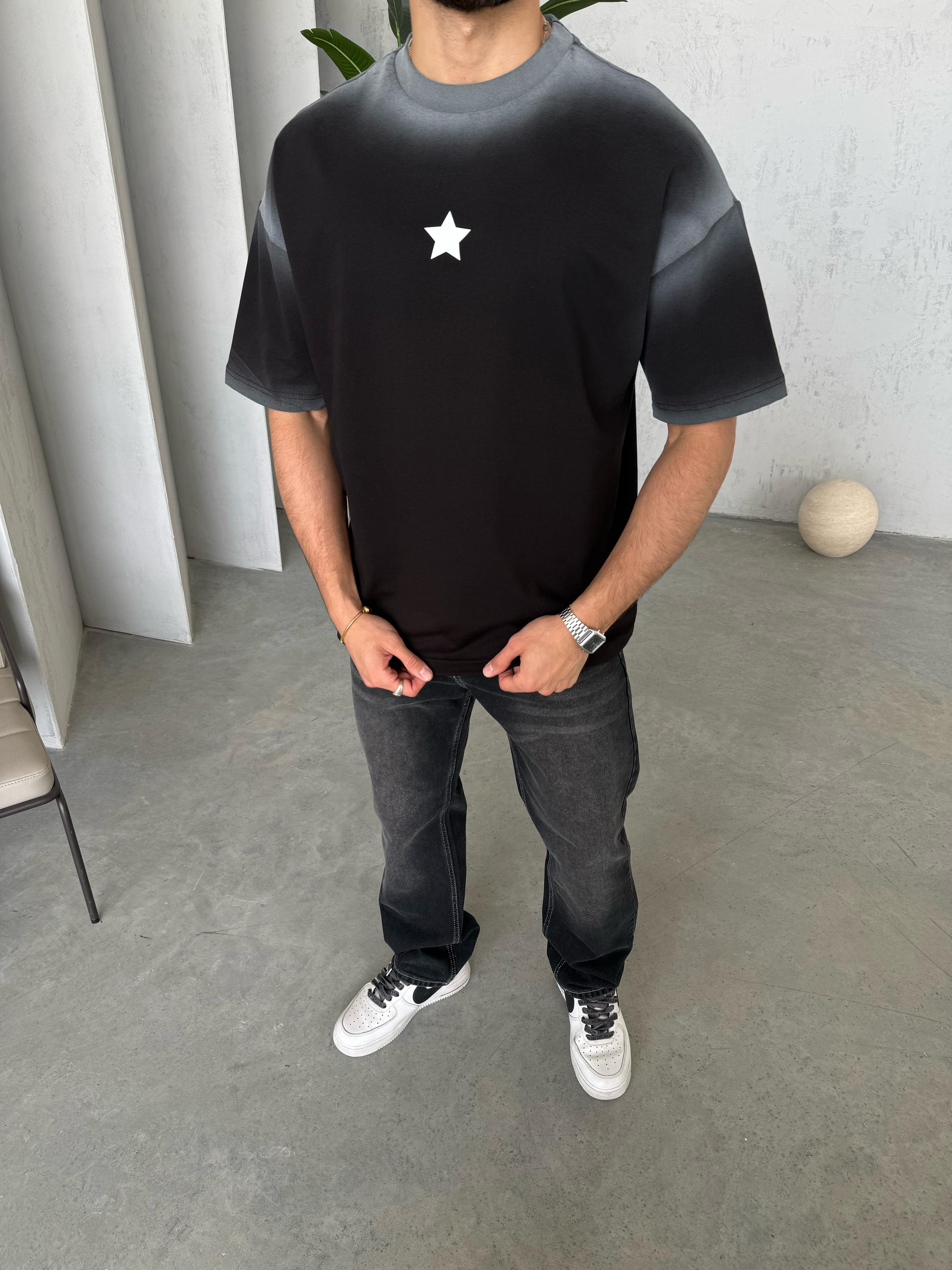 T2010 Yıldız Baskılı Yıkamalı Oversize T-shirt Siyah