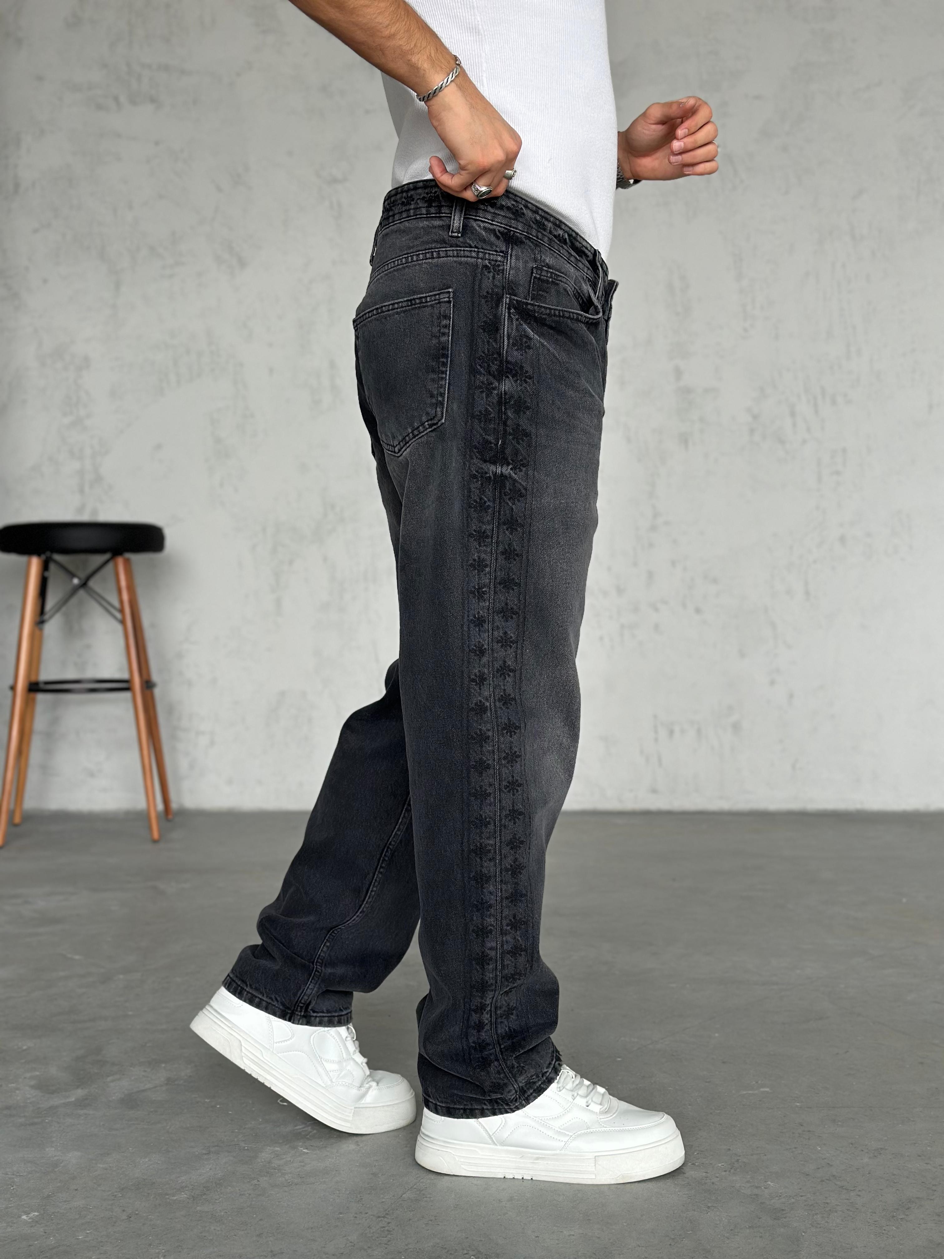 P536 Nakış Detaylı Baggy Pantolon Füme - R
