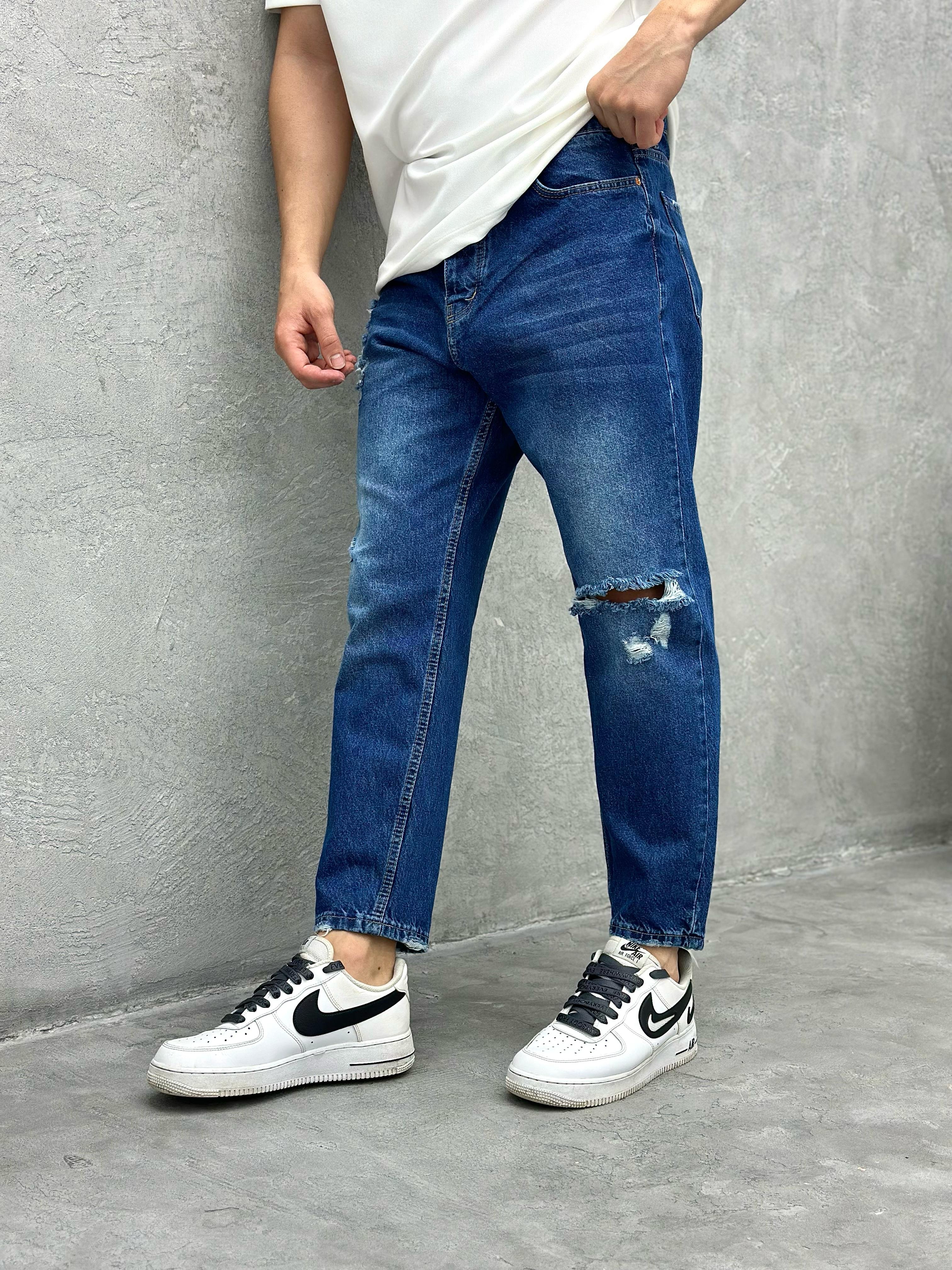 P419 Diz Yırtık Mavi Boyfriend Pantolon
