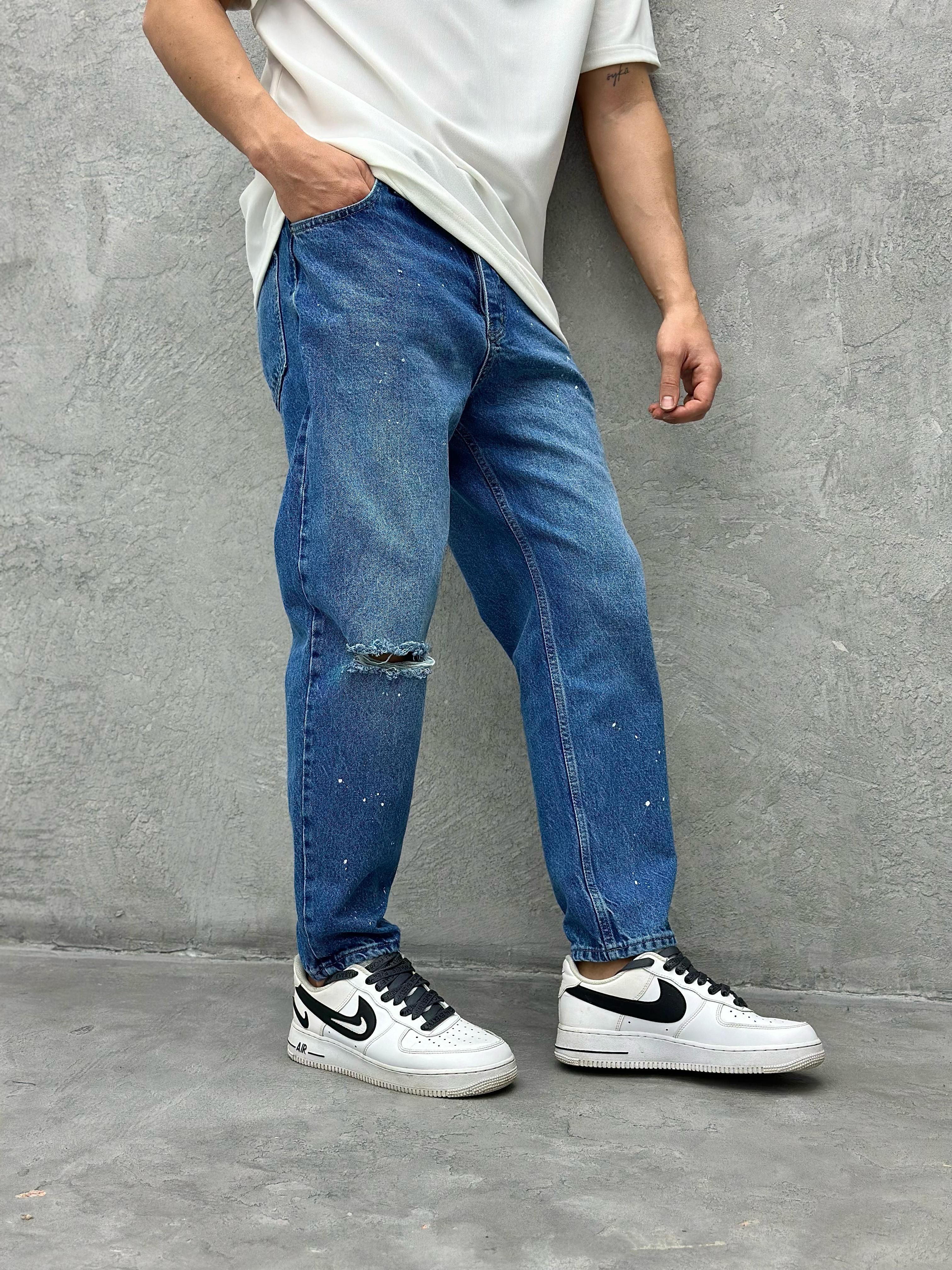 P423 Boyalı Diz Yırtık Boyfriend Pantolon