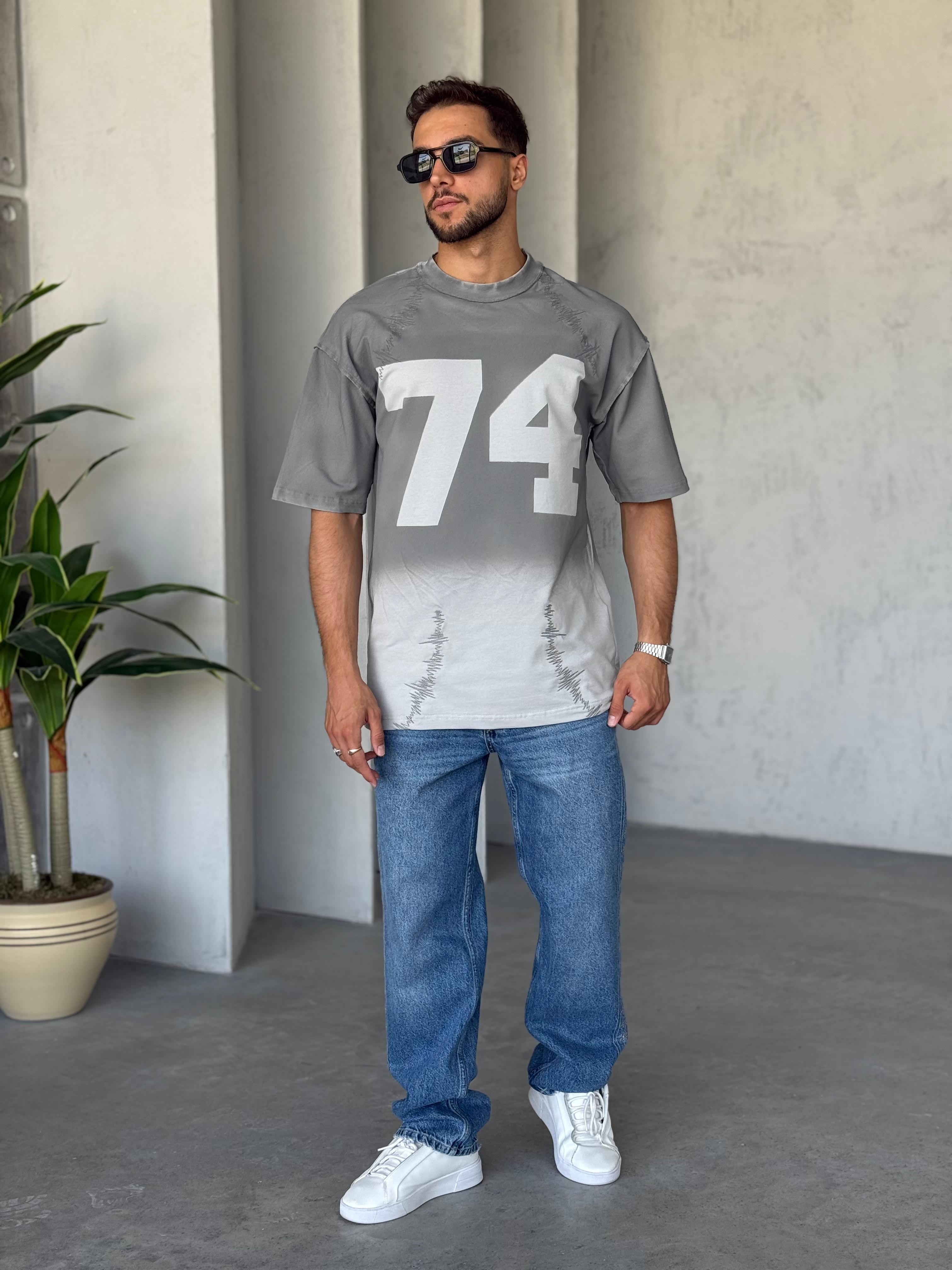 T5000 Yıkamalı Tasarım Oversize T-shirt Gri