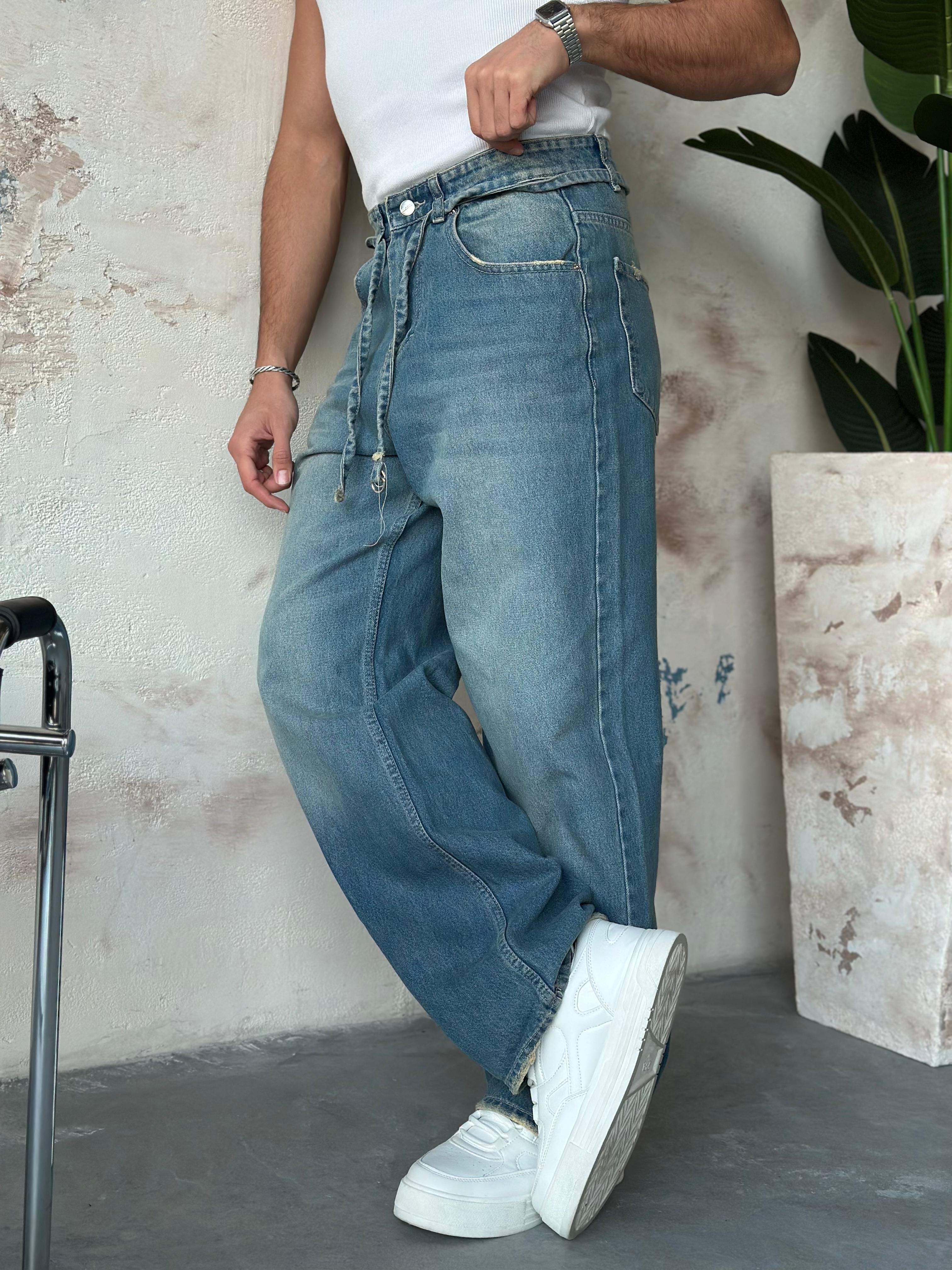 P503 İp Kemer Yikamali Ekstra Bol Baggy Pantolon Mavi G