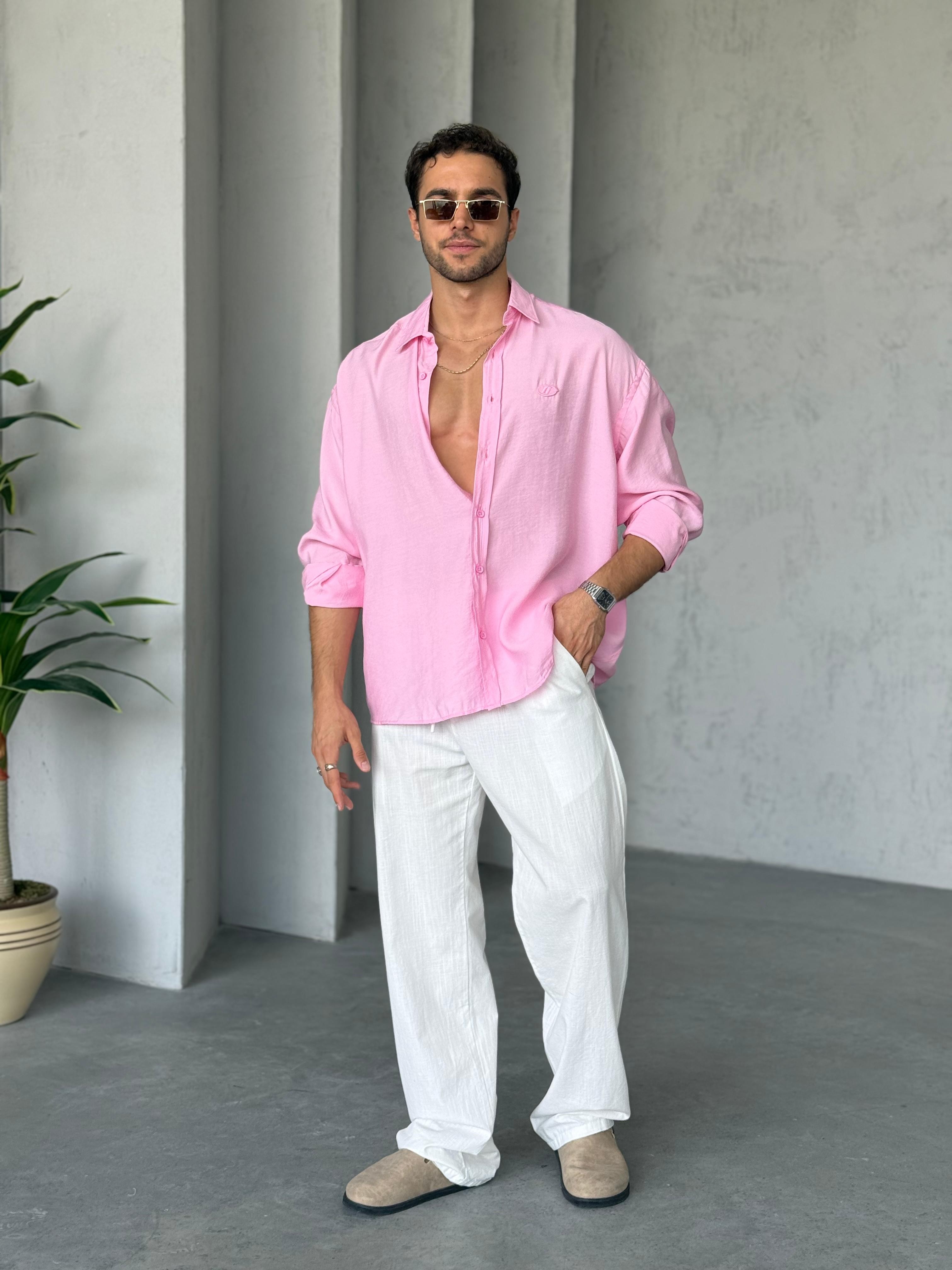 GM3021 Modal Kumaş Oversize Gömlek Pembe