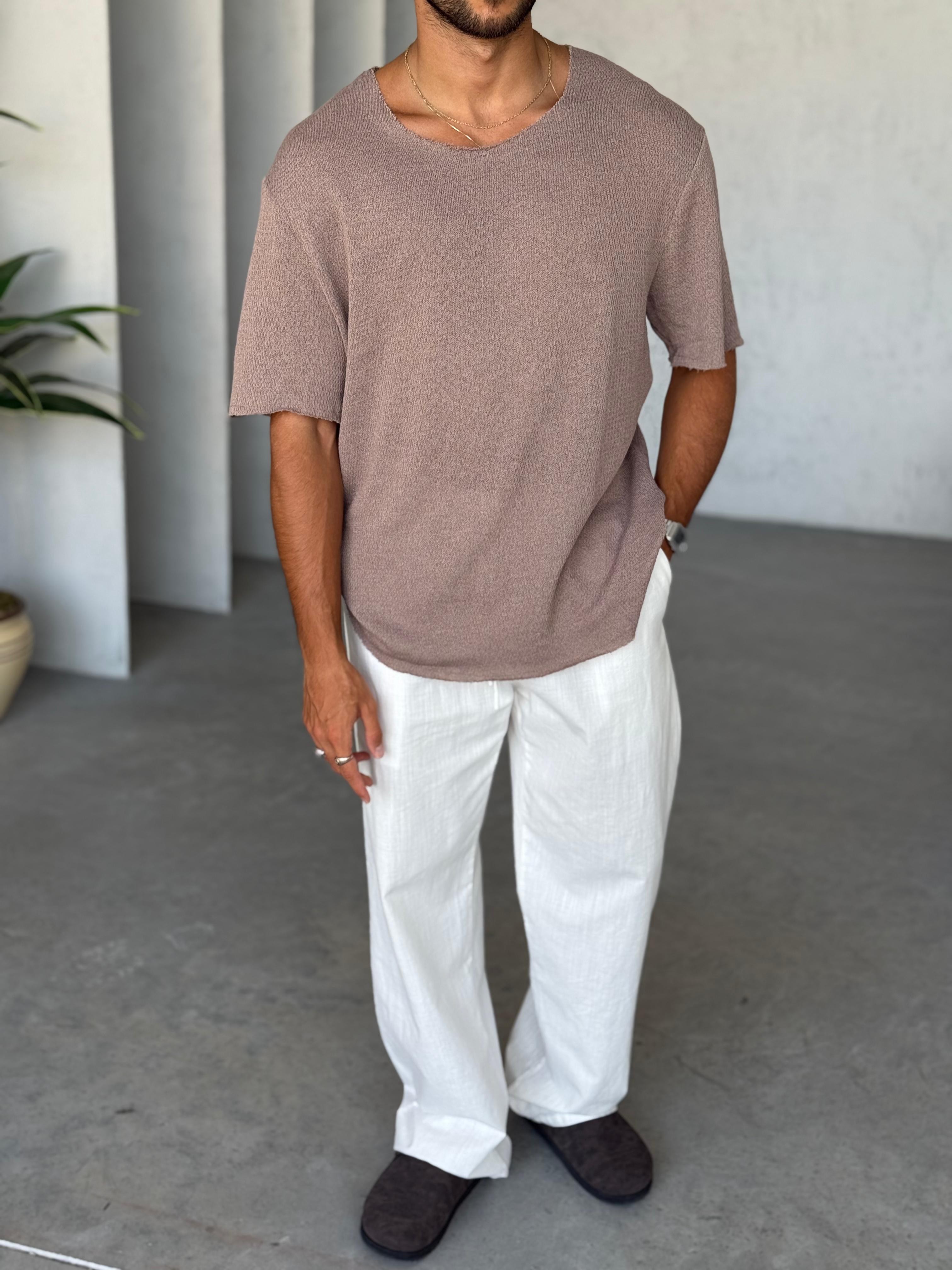 TR3002 Naturel Yaka triko t-shirt KAHVE K