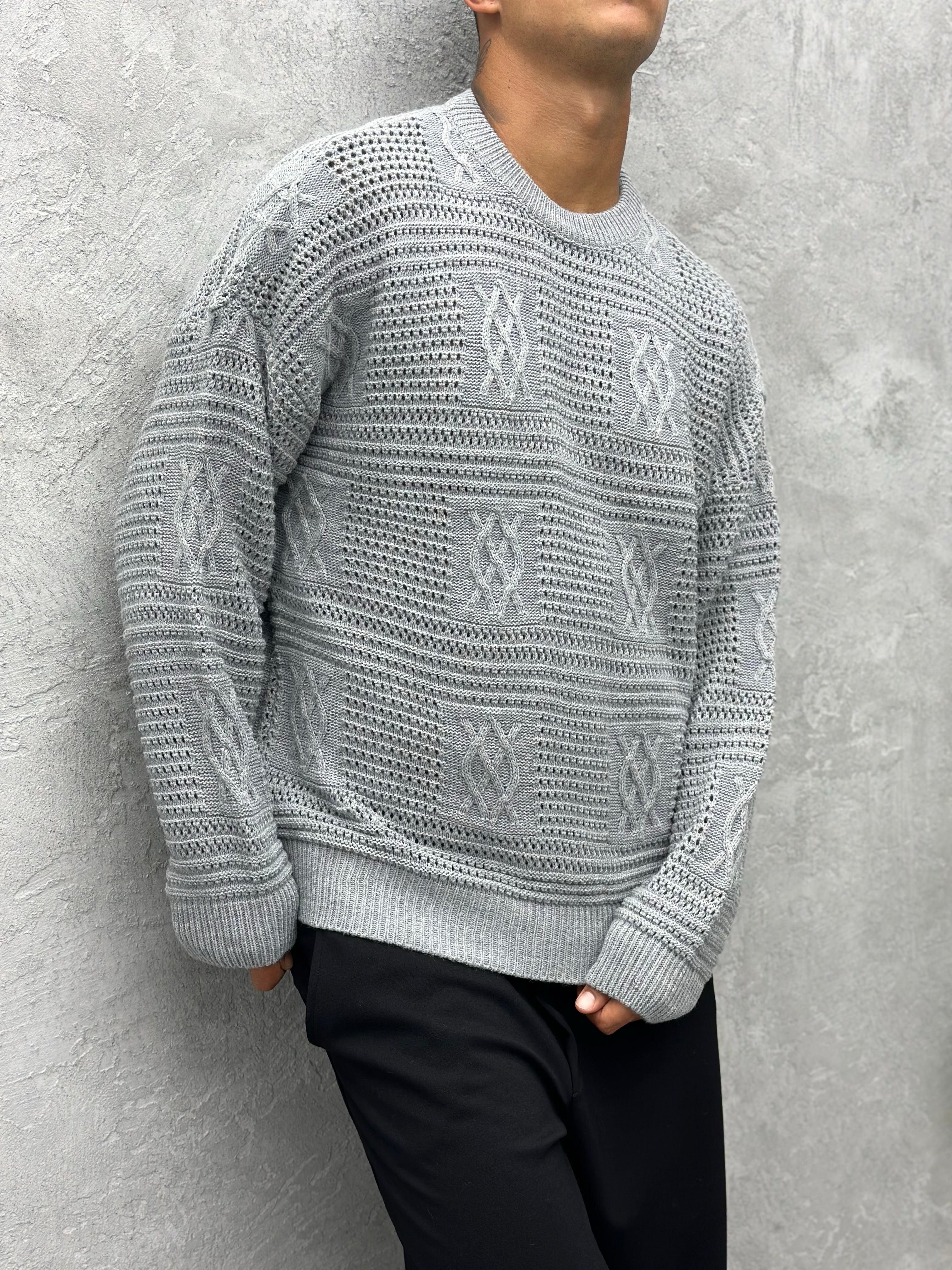 TR1048 OVERSIZE ÖRGÜ DESENLİ TRİKO KAZAK GRİ