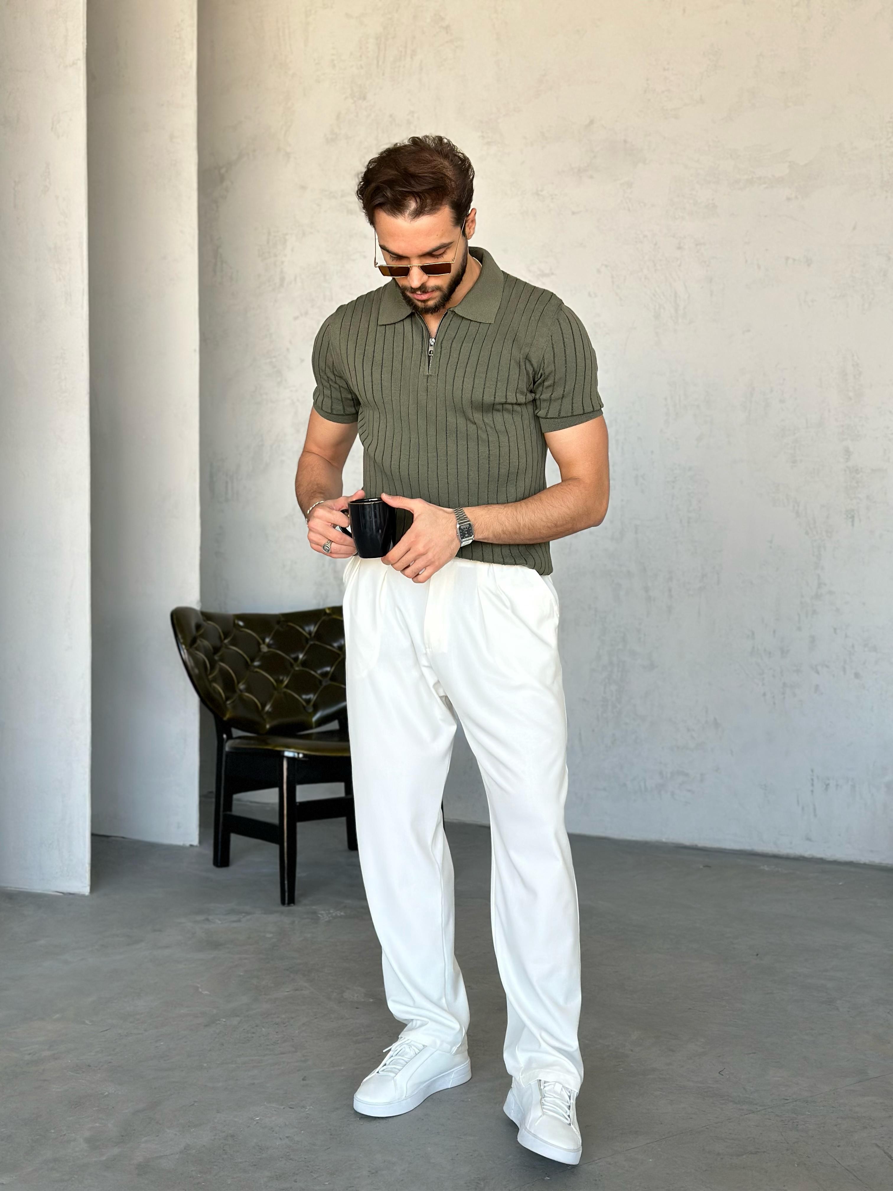 TR270123 Fermuarlı Polo yaka triko HAKİ -V