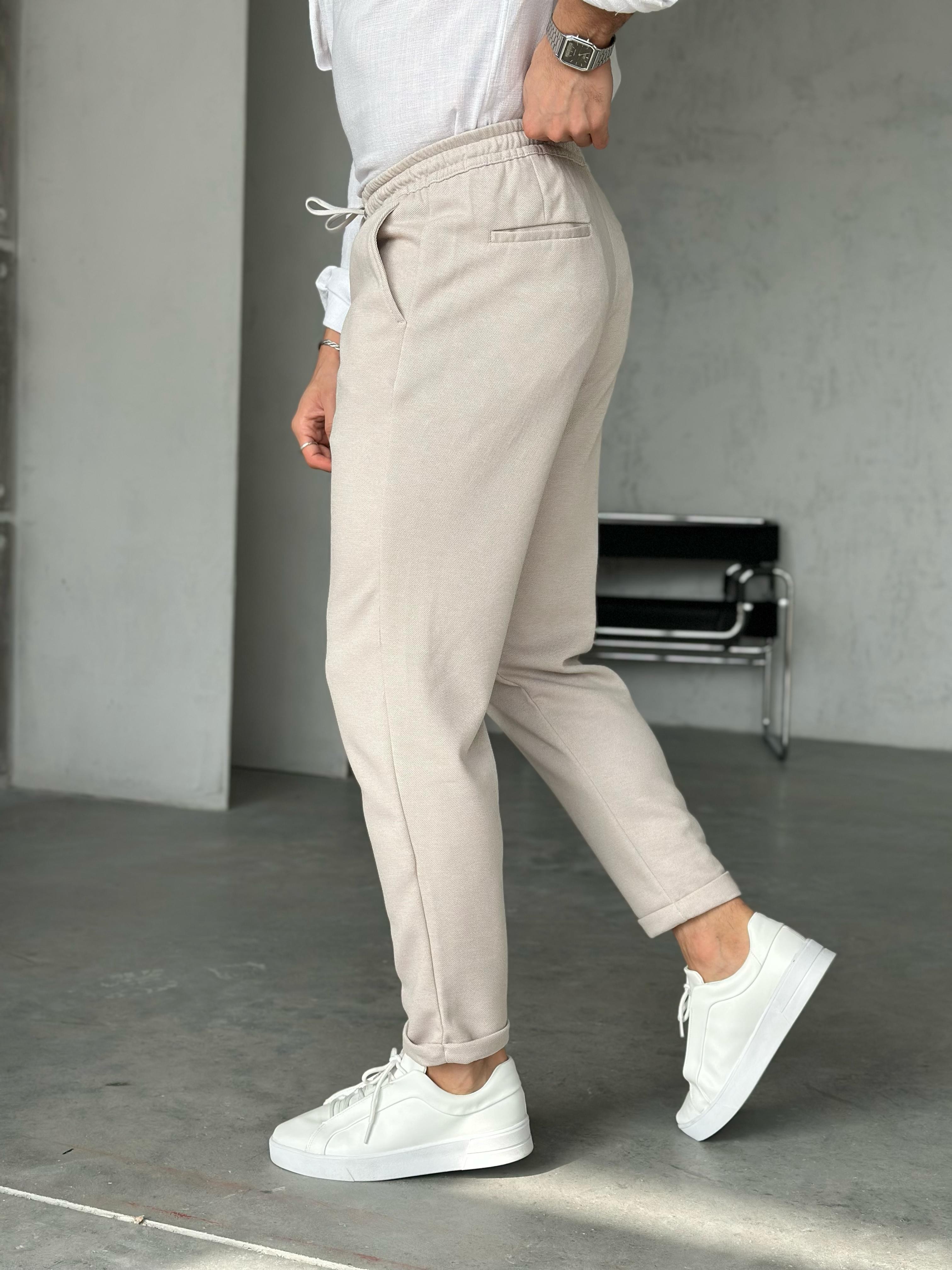 KM50360 Örme Slim jogger pantolon Krem - W