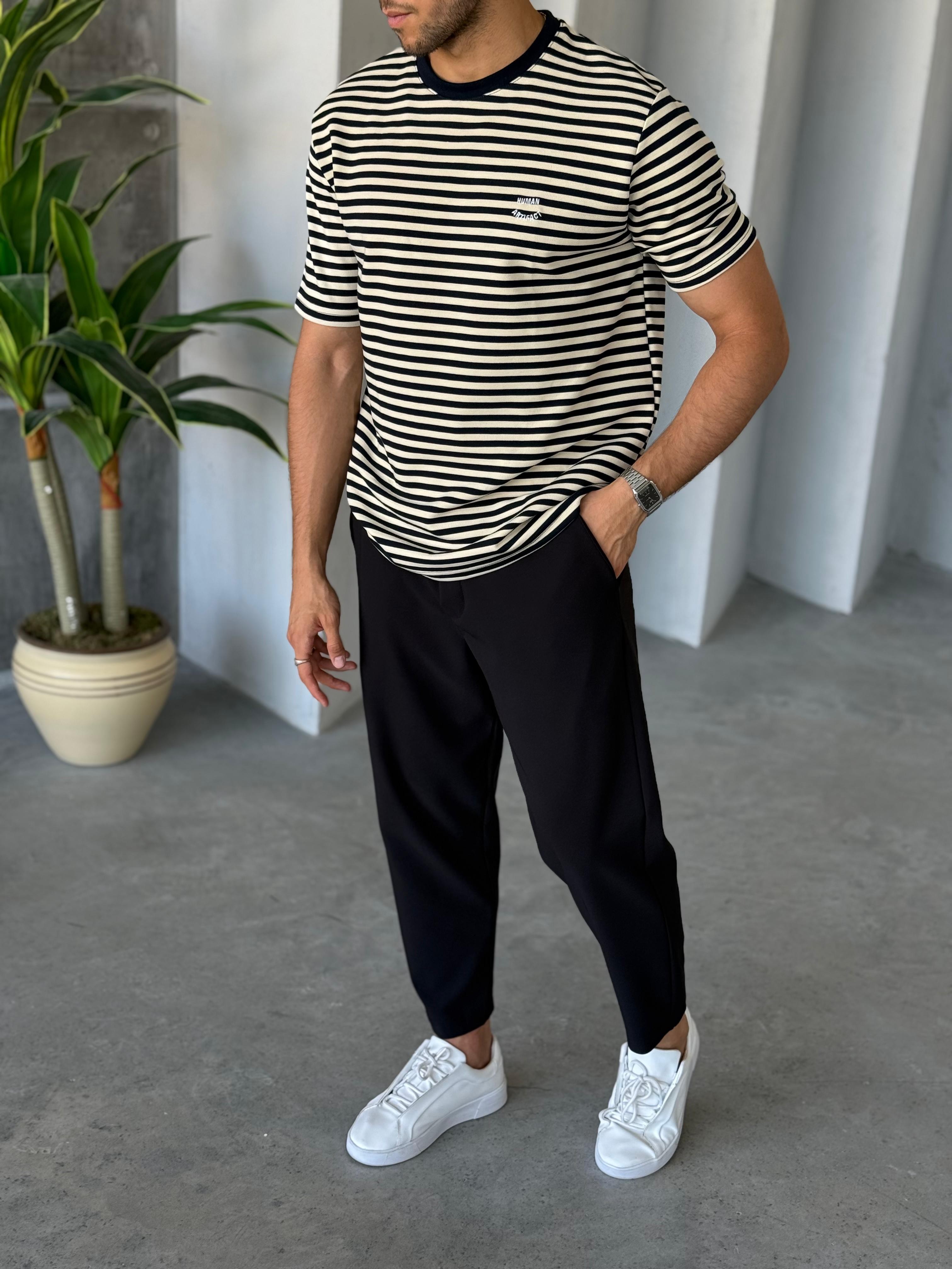 T2525 Çizgili Nakış Detay T-shirt Lacivert-Beyaz
