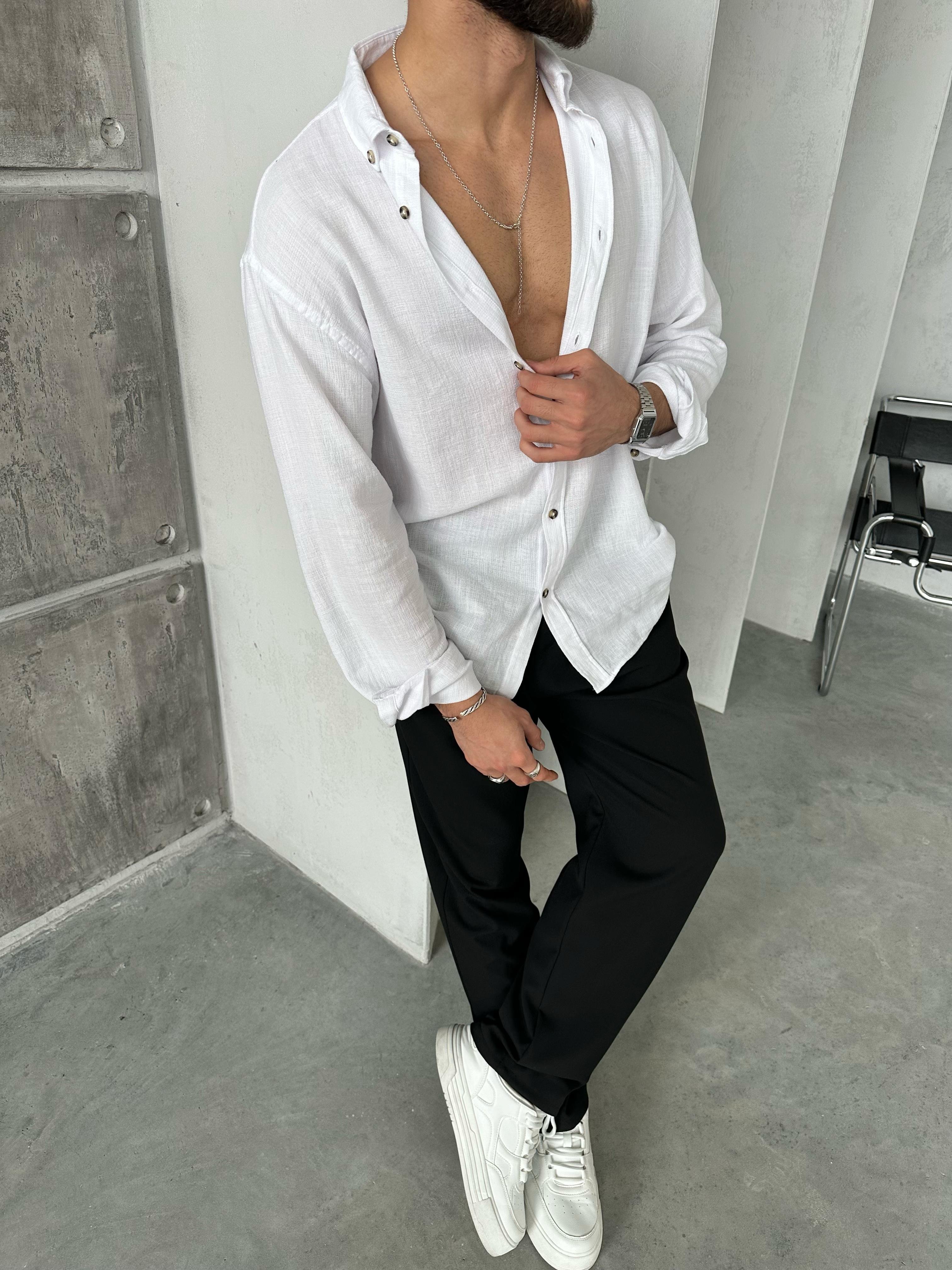 Pamuk Keten Oversize Gömlek Beyaz