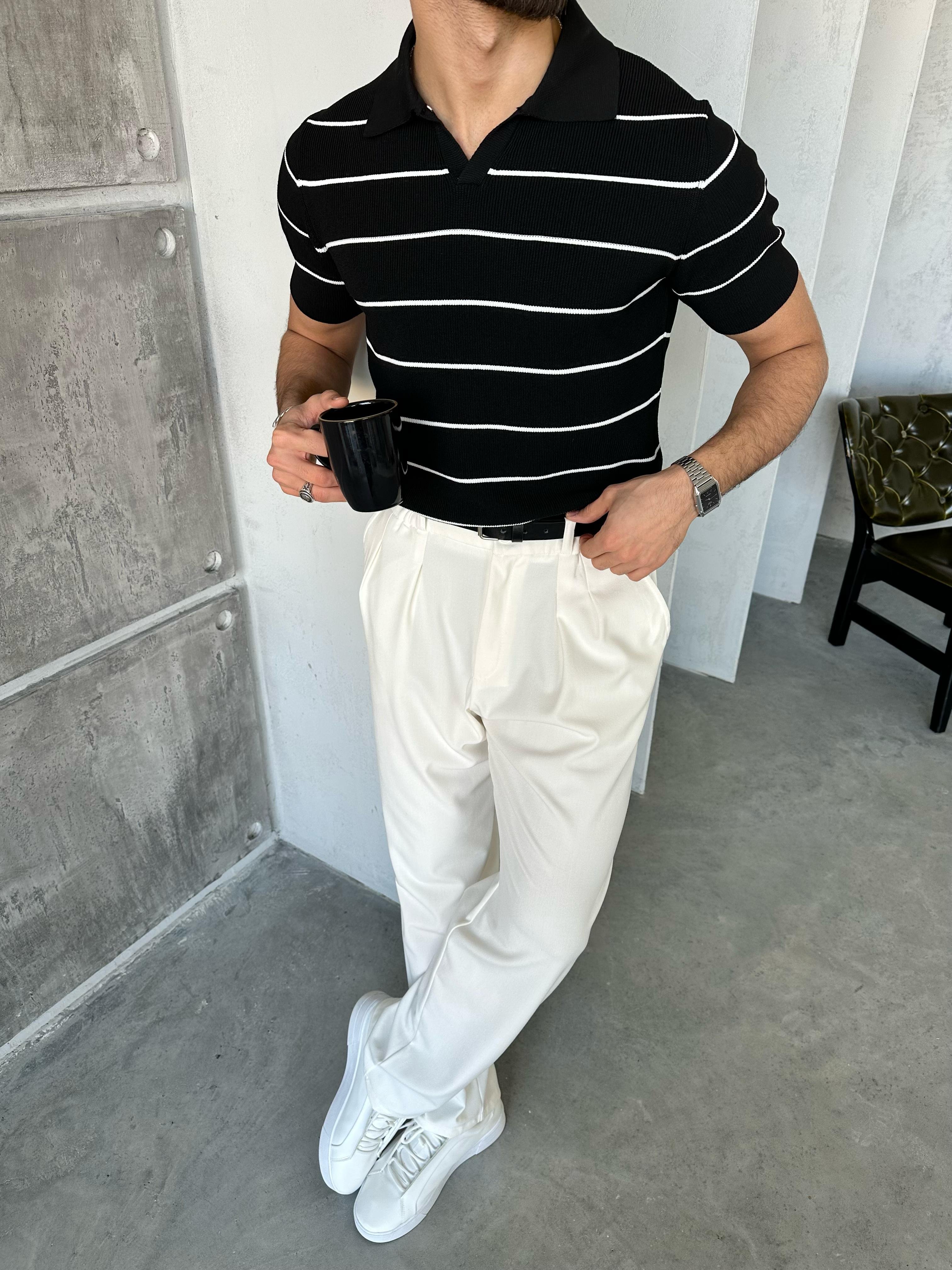 TR270112 Çizgili Polo yaka triko SİYAH - V