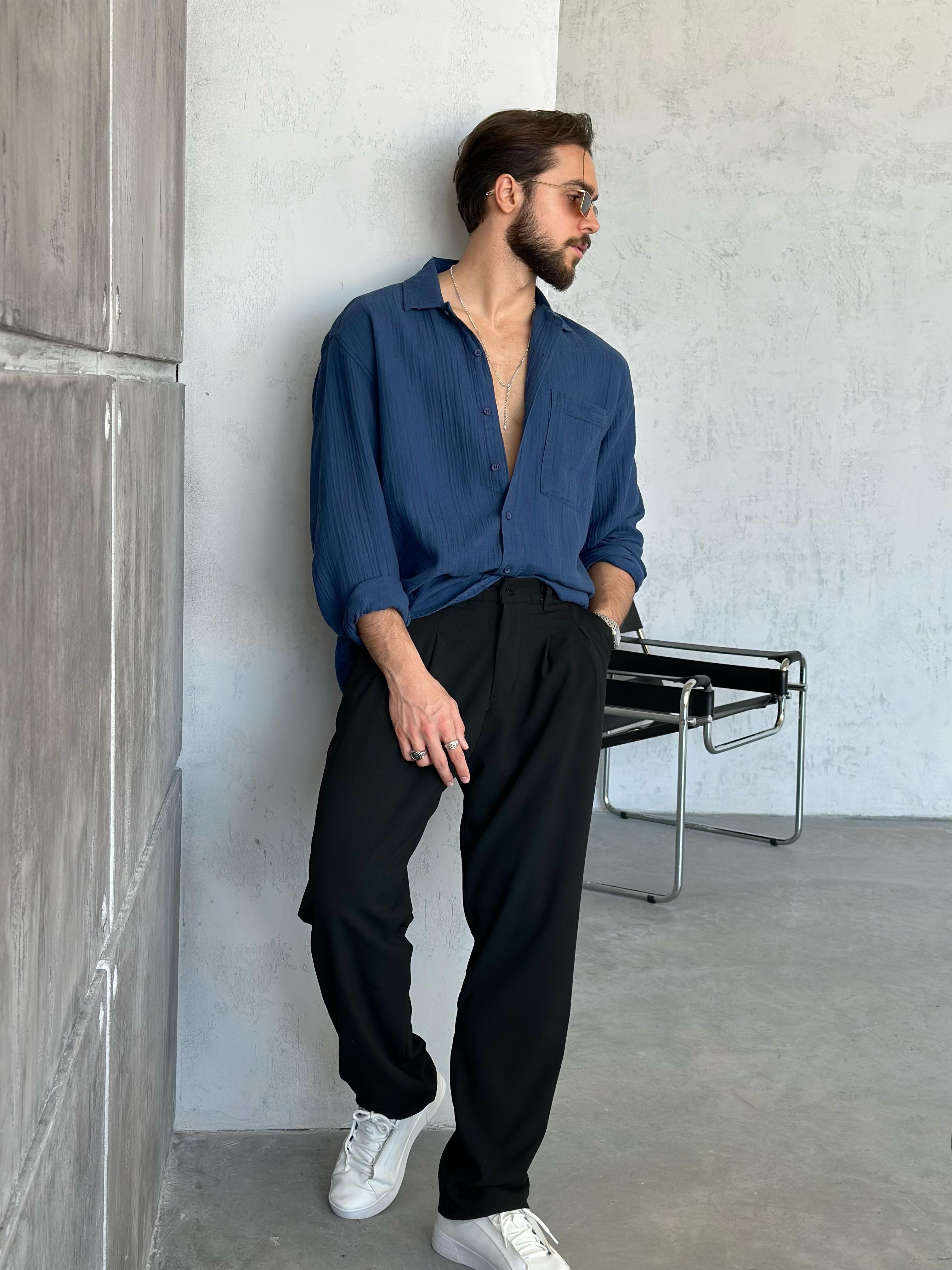GM201 Müslin kumaş cepli oversize gömlek MAVİ