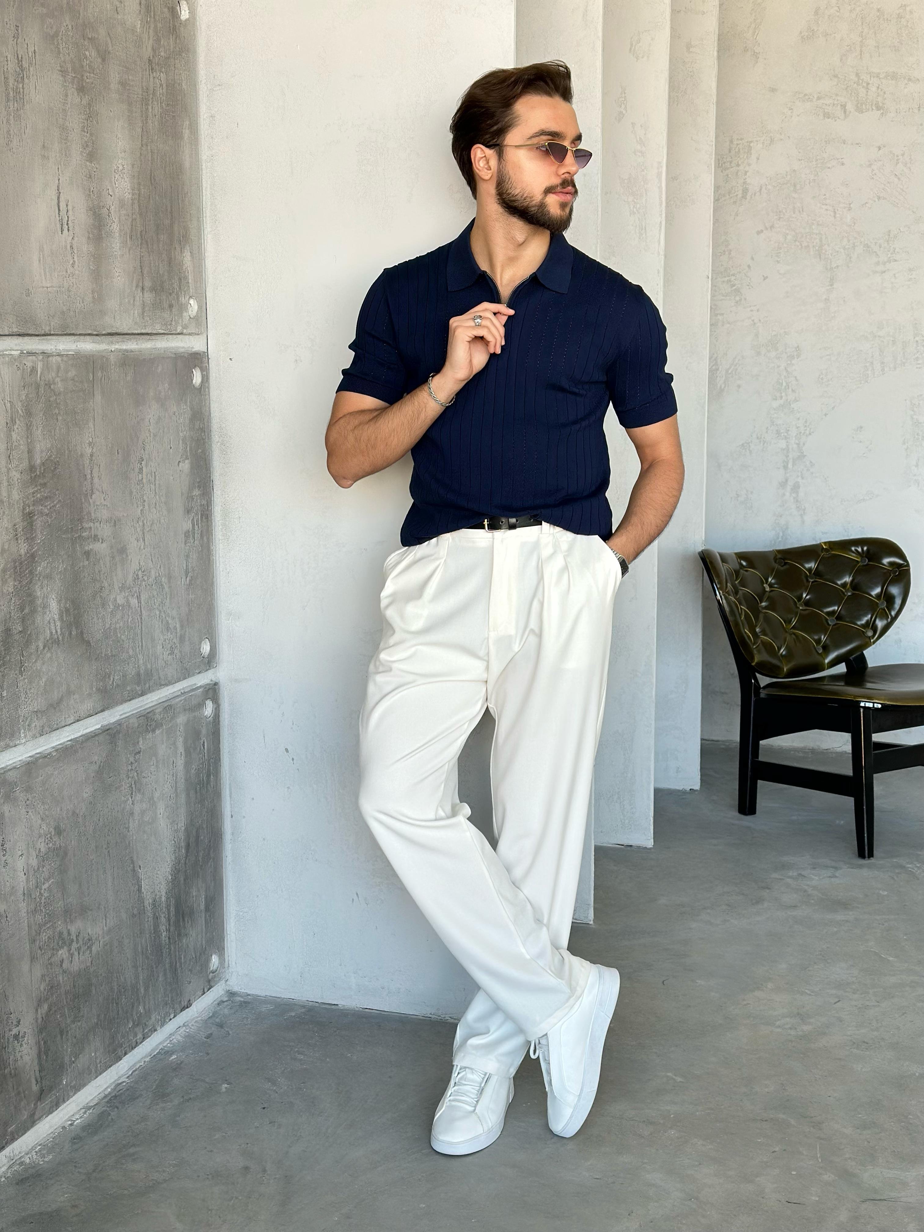 TR270121 Fermuarlı Polo yaka triko LACİVERT -V