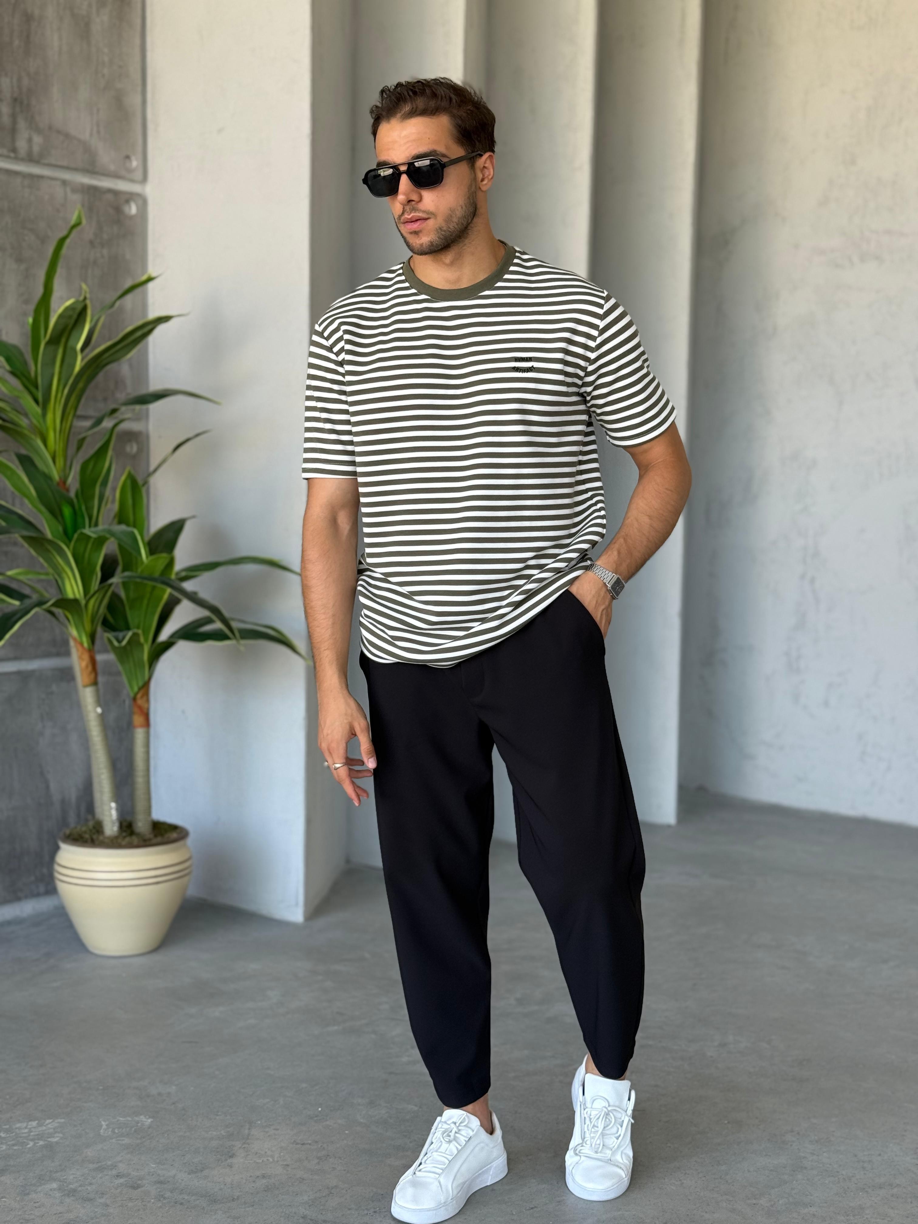 T2526 Çizgili Nakış Detay T-shirt Yeşil-Beyaz