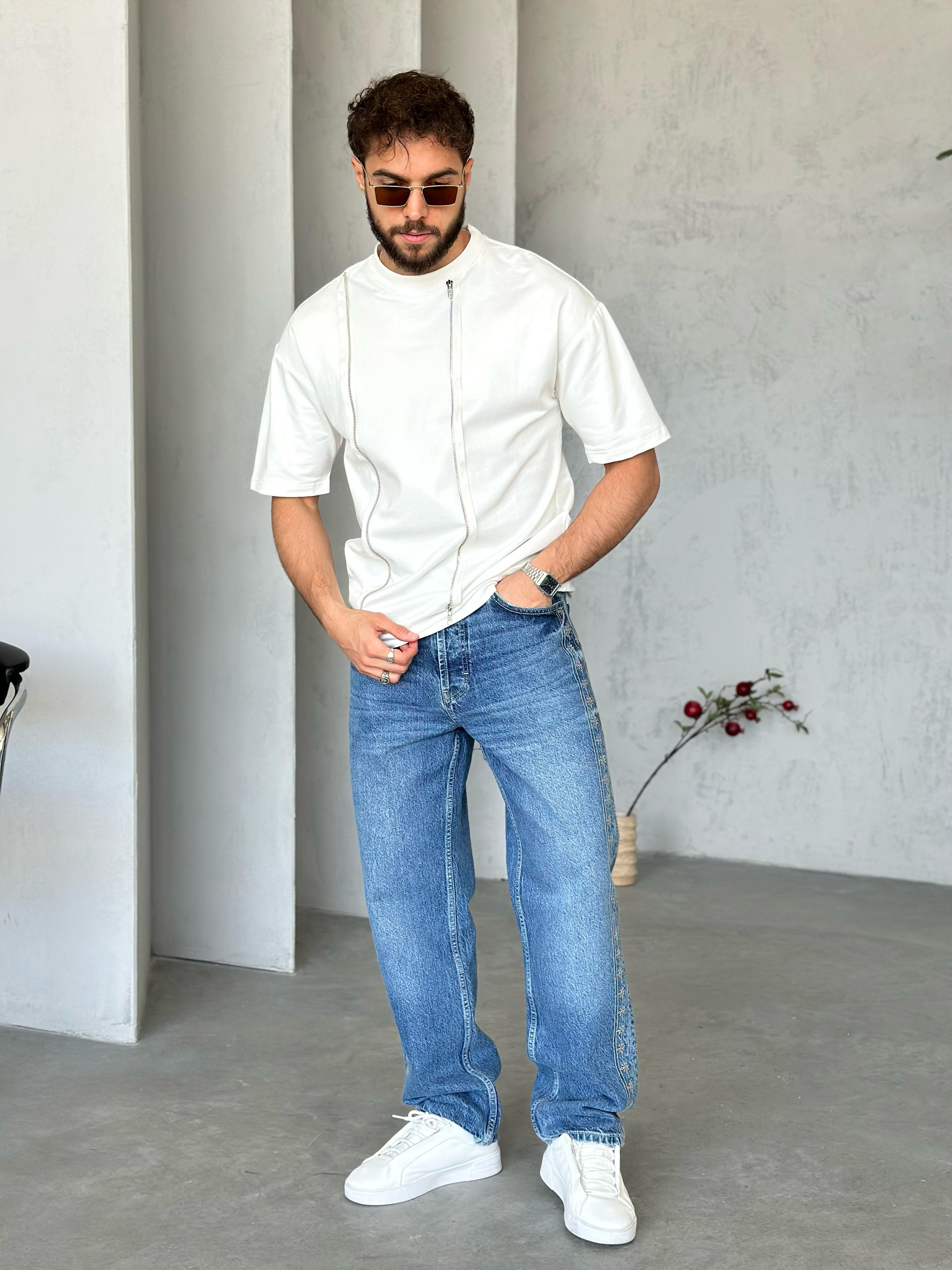 T505 Fermuar Detaylı Tasarım T-shirt Beyaz