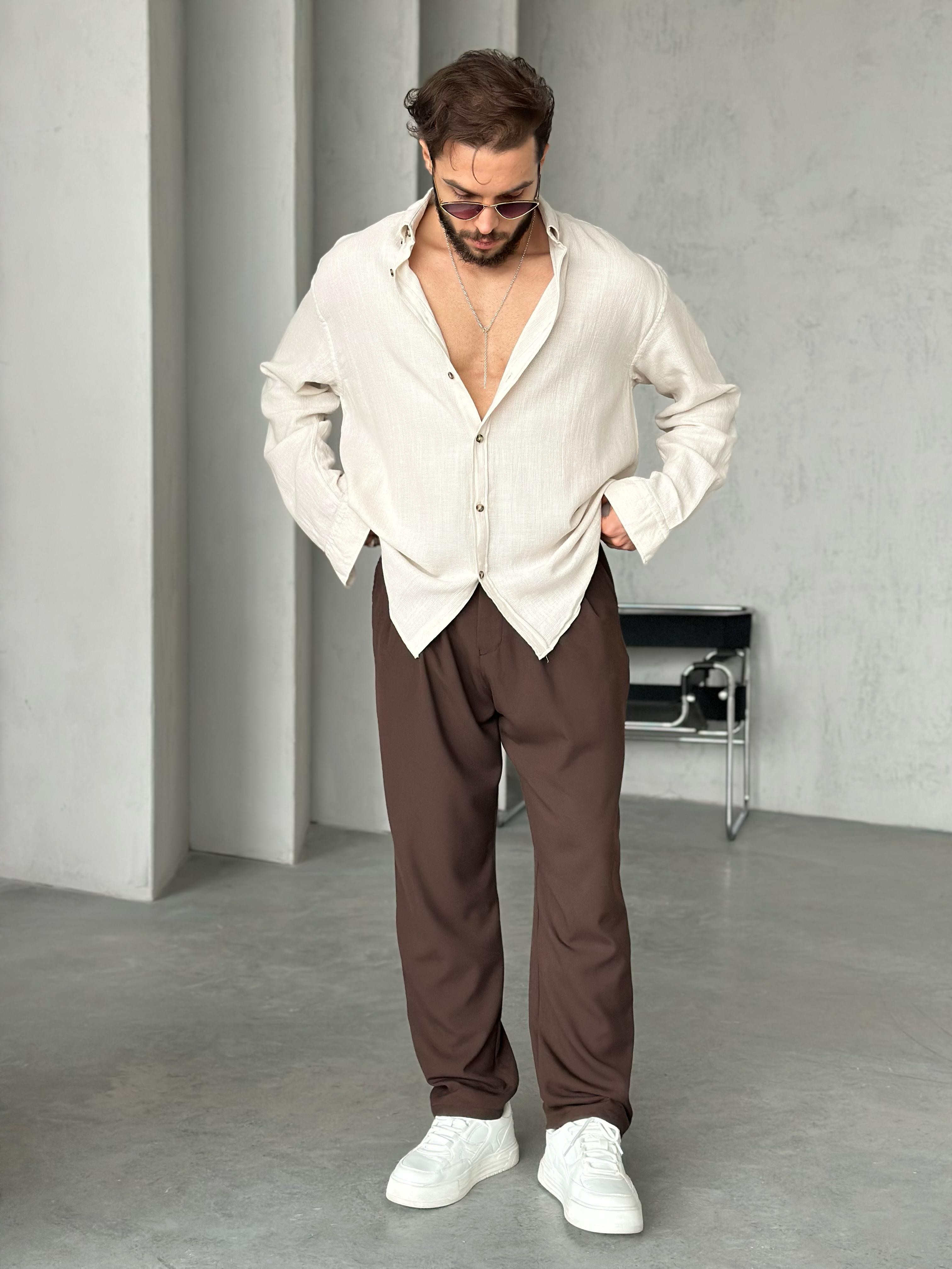 Pamuk Keten Oversize Gömlek Krem