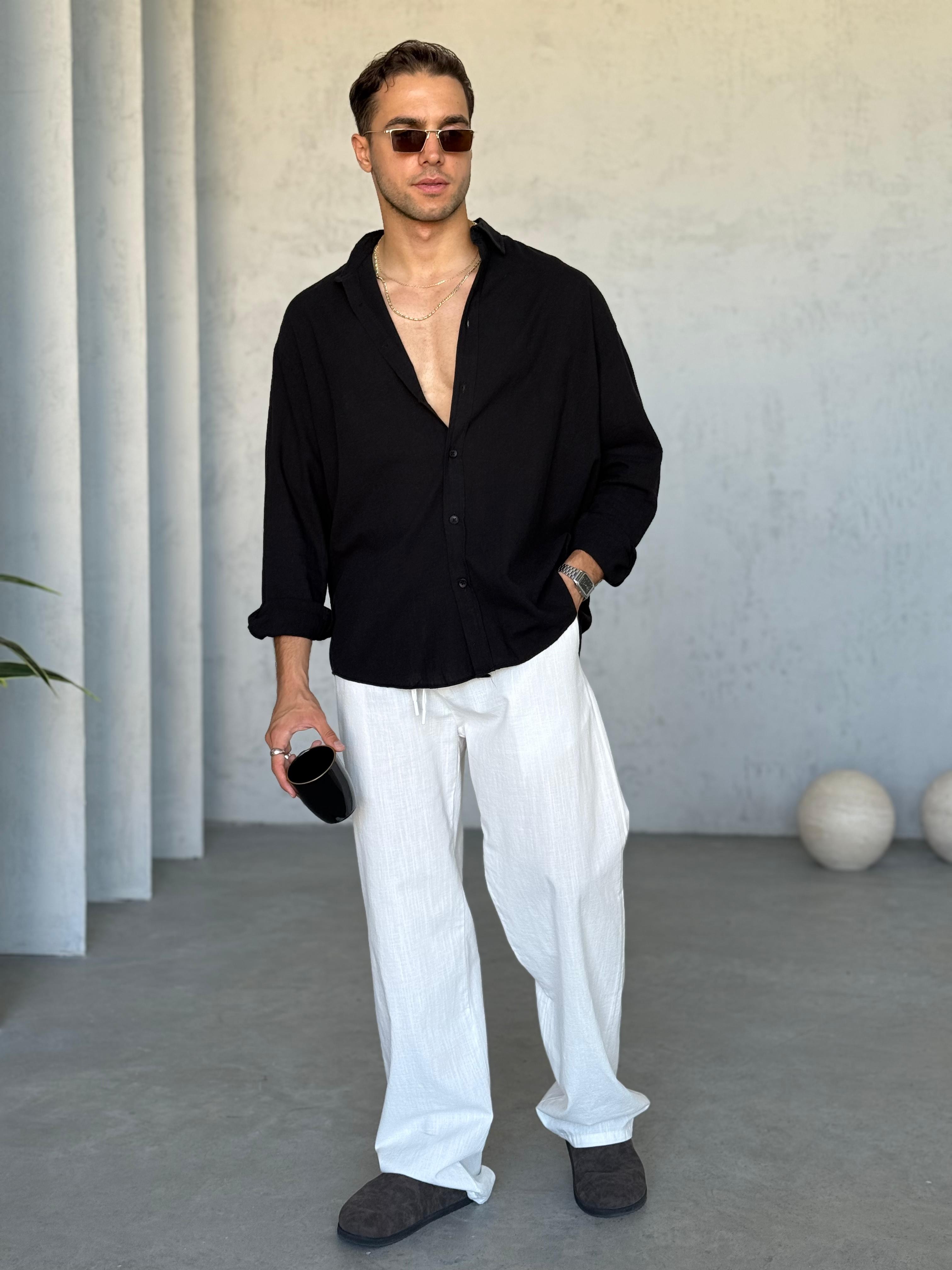 Gies Kumaş Oversize Keten Gömlek Siyah