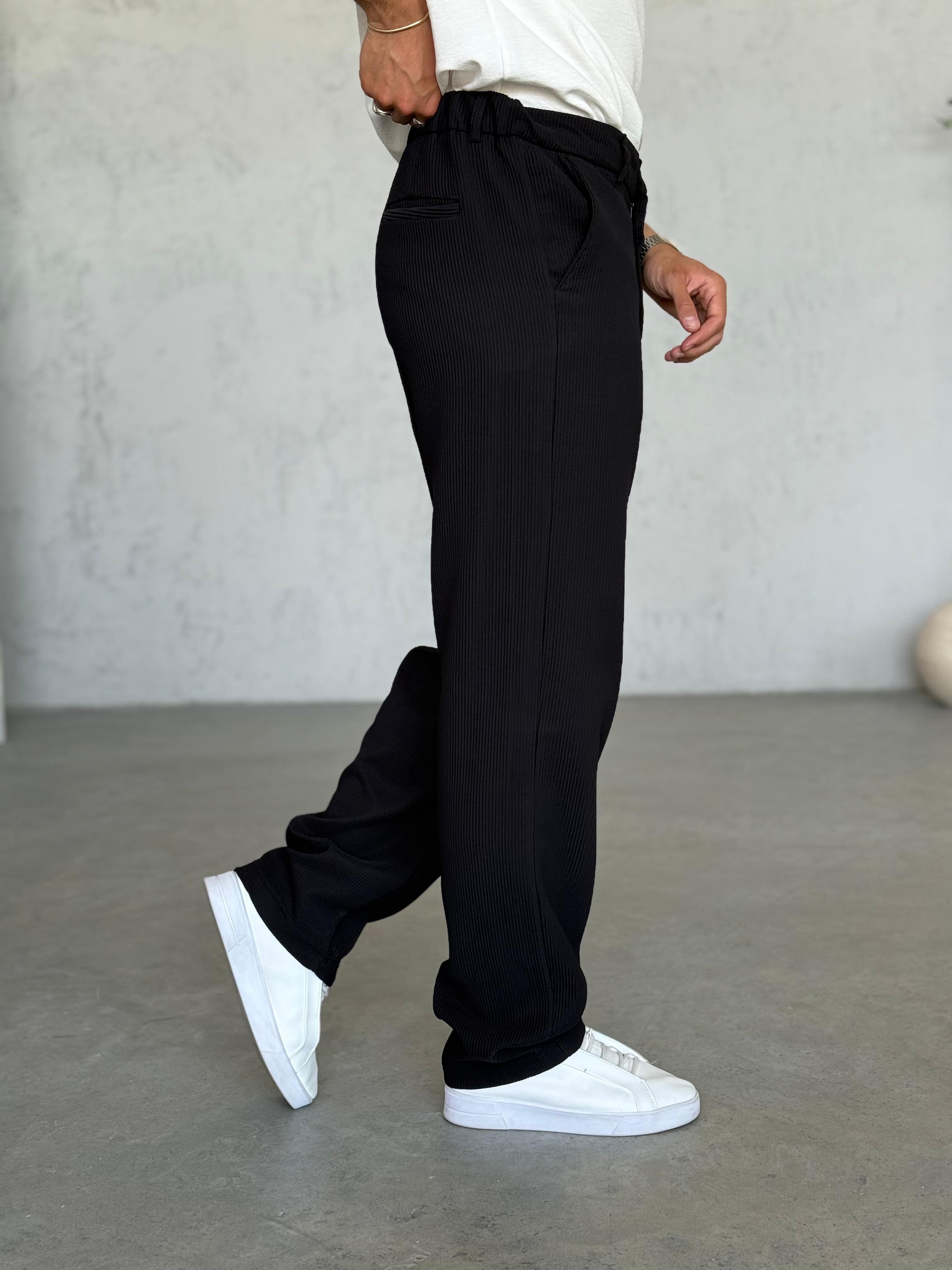 KM50730 Fitilli Baggy Kumaş Pantolon Siyah