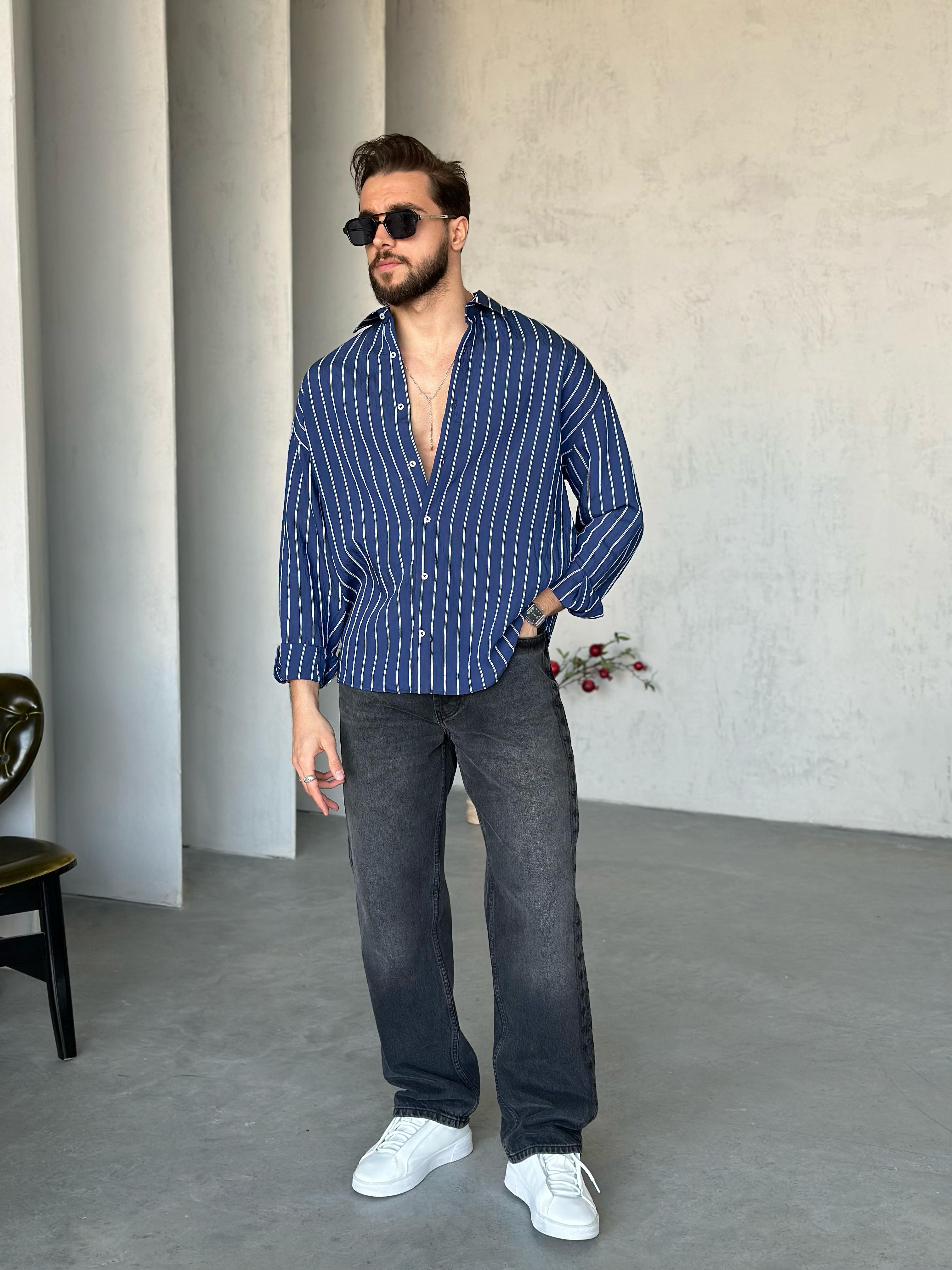 GM4400 Çizgili oversize gofre gömlek Lacivert Beyaz Çizgili