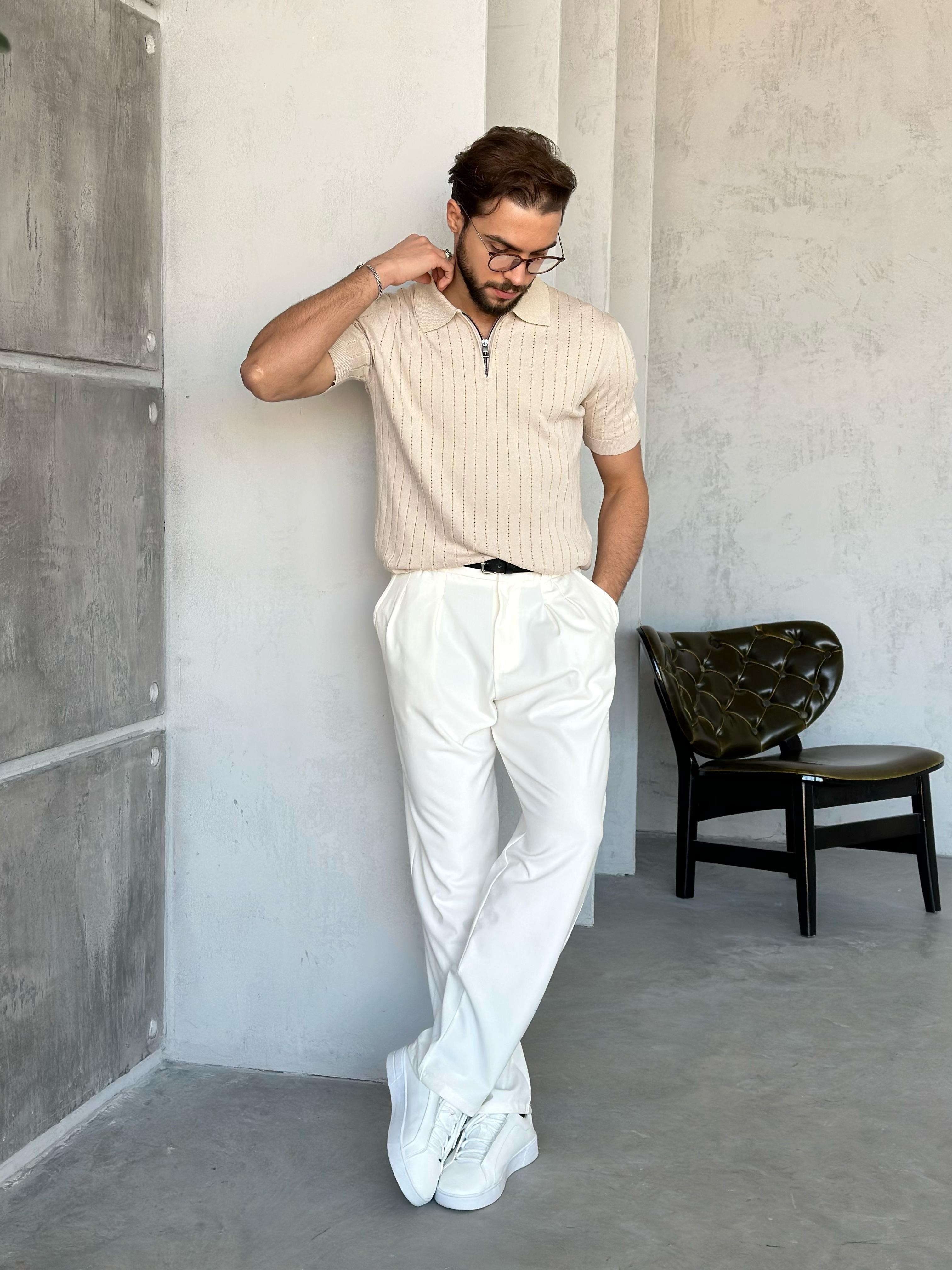 TR270120 Fermuarlı Polo yaka triko KREM -V