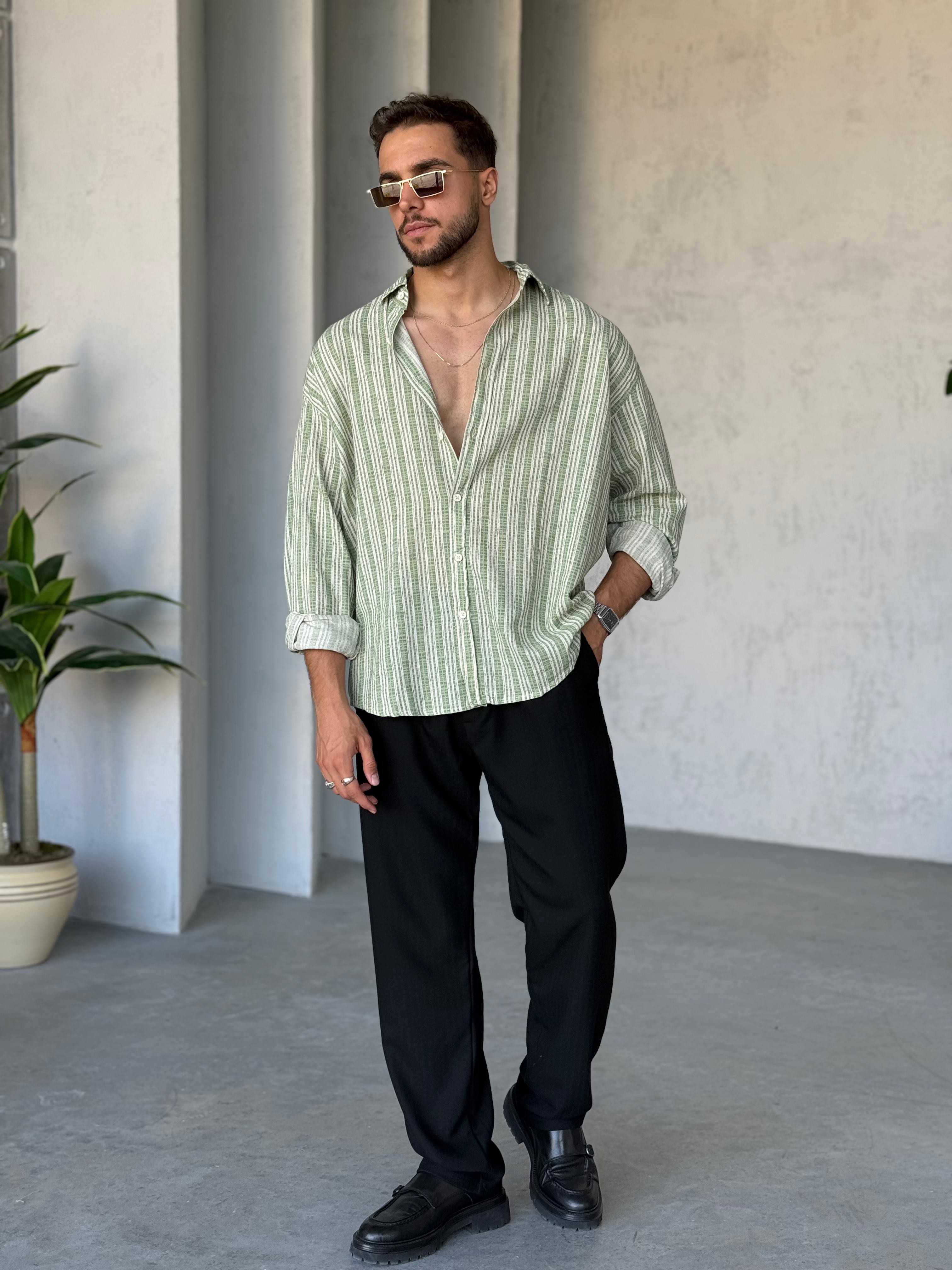 GM3041 Çizgili Oversize Gömlek Yeşil