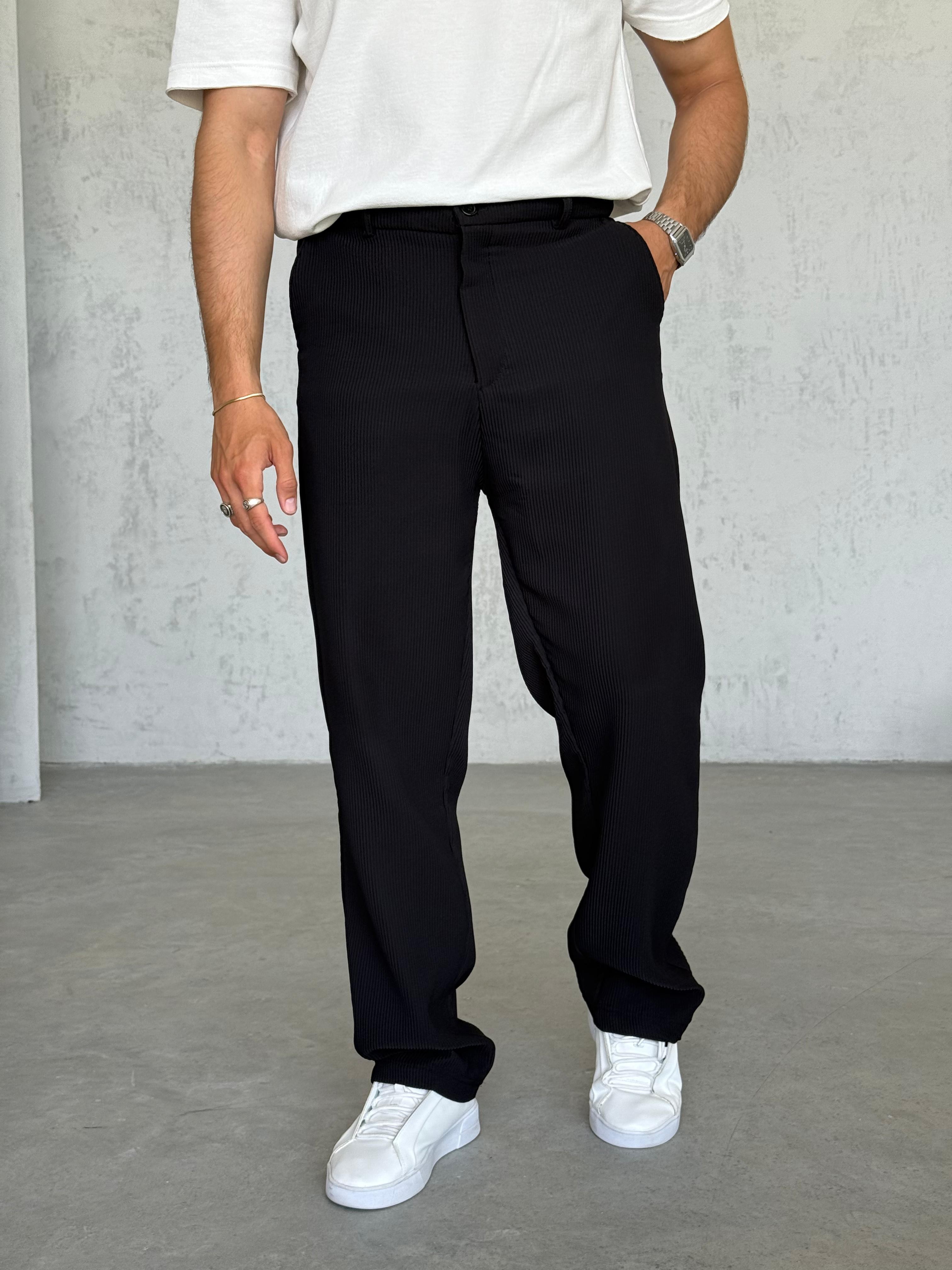 KM50730 Fitilli Baggy Kumaş Pantolon Siyah