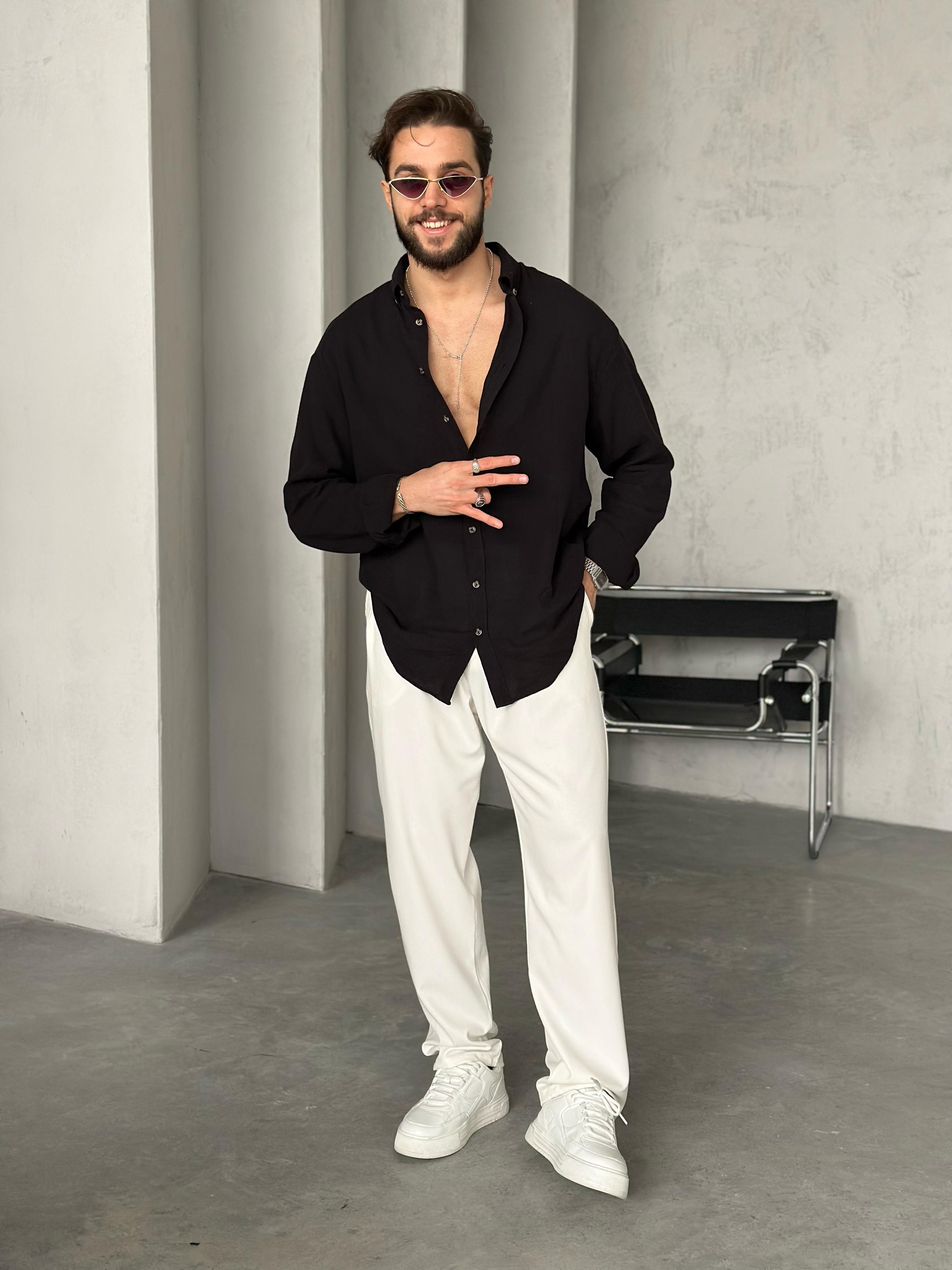 Pamuk Keten Oversize Gömlek Siyah