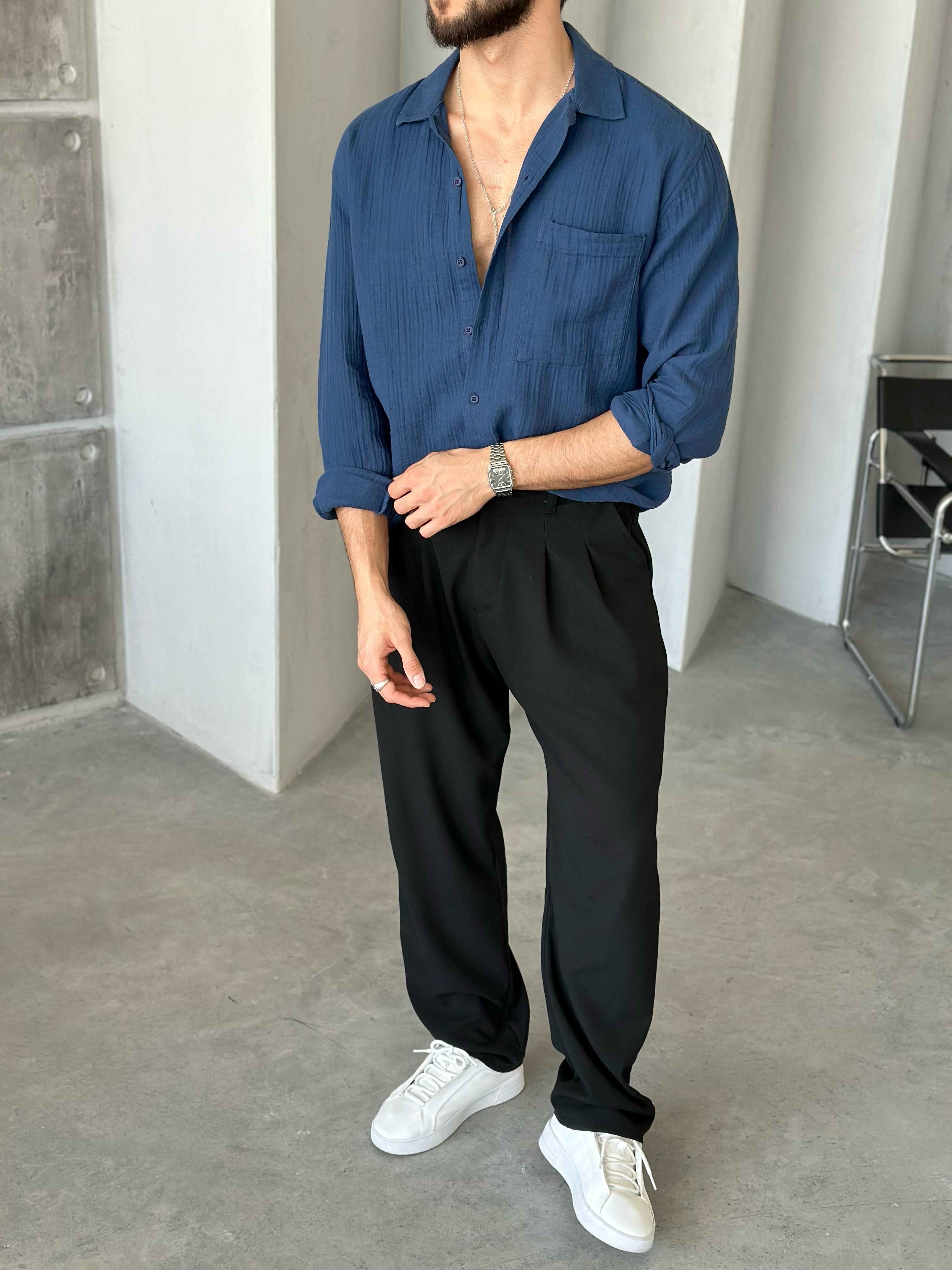 GM201 Müslin kumaş cepli oversize gömlek MAVİ