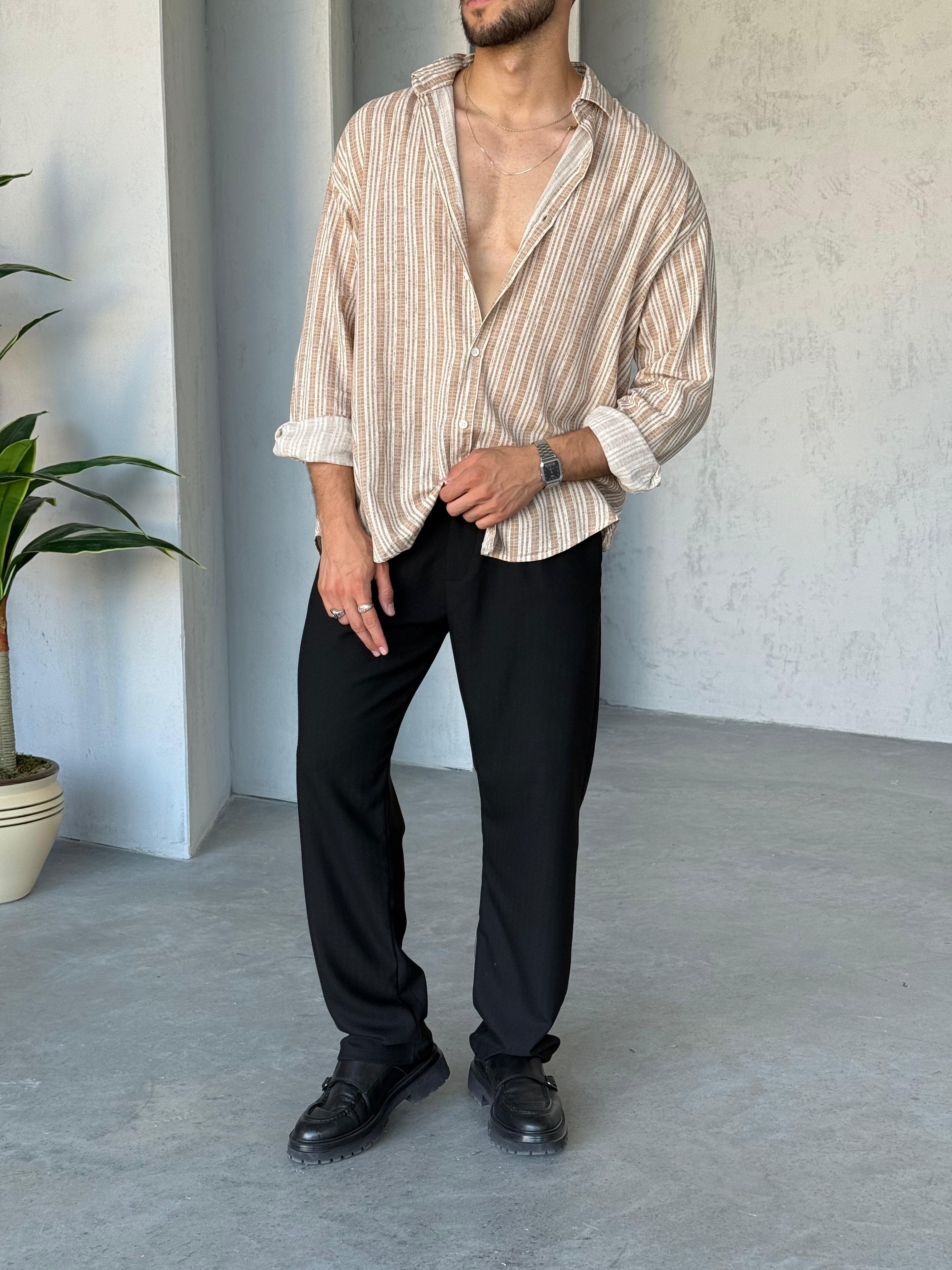 GM3040 Çizgili Oversize Gömlek Kahve