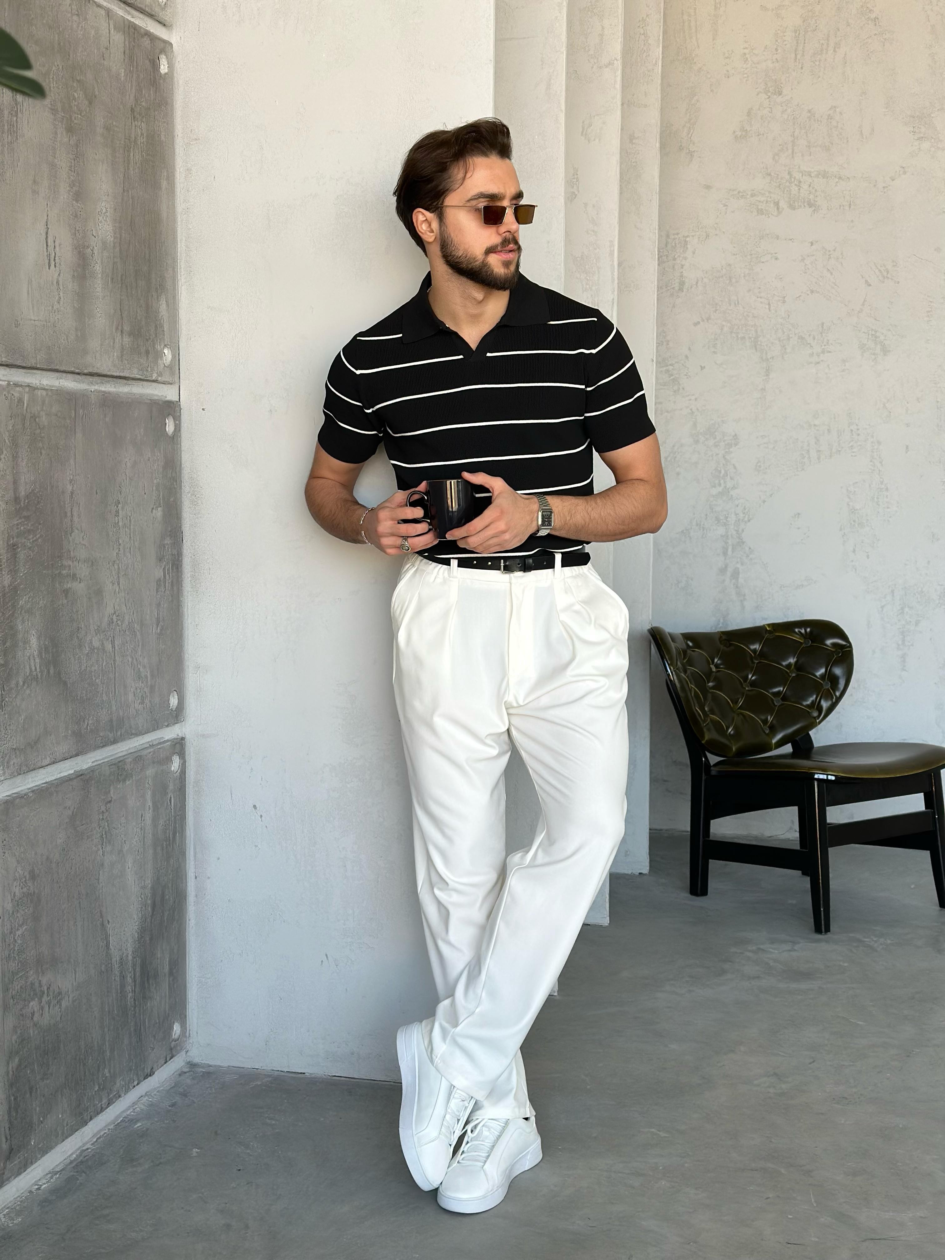 TR270112 Çizgili Polo yaka triko SİYAH - V