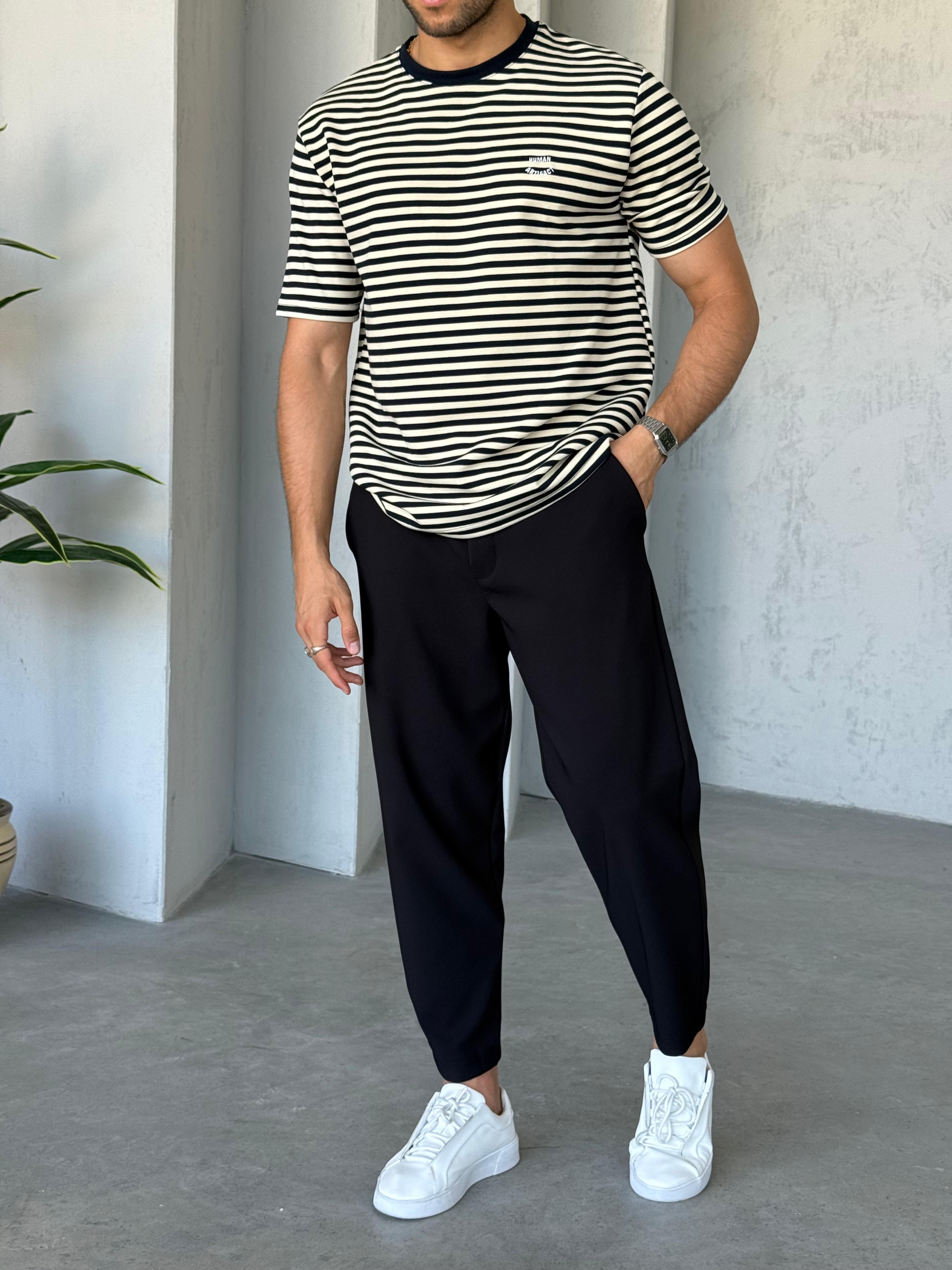 T2525 Çizgili Nakış Detay T-shirt Lacivert-Beyaz