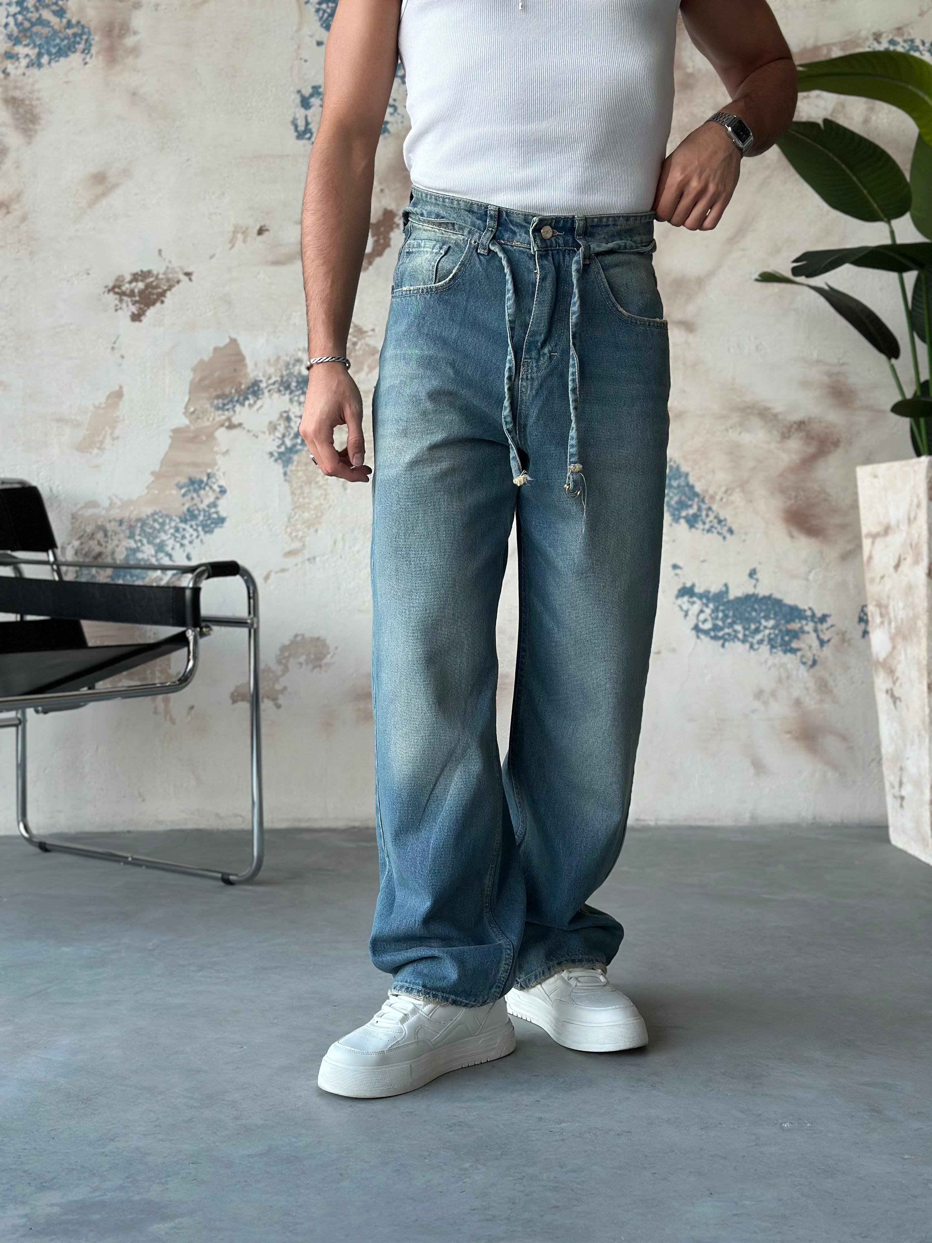 P503 İp Kemer Yikamali Ekstra Bol Baggy Pantolon Mavi G