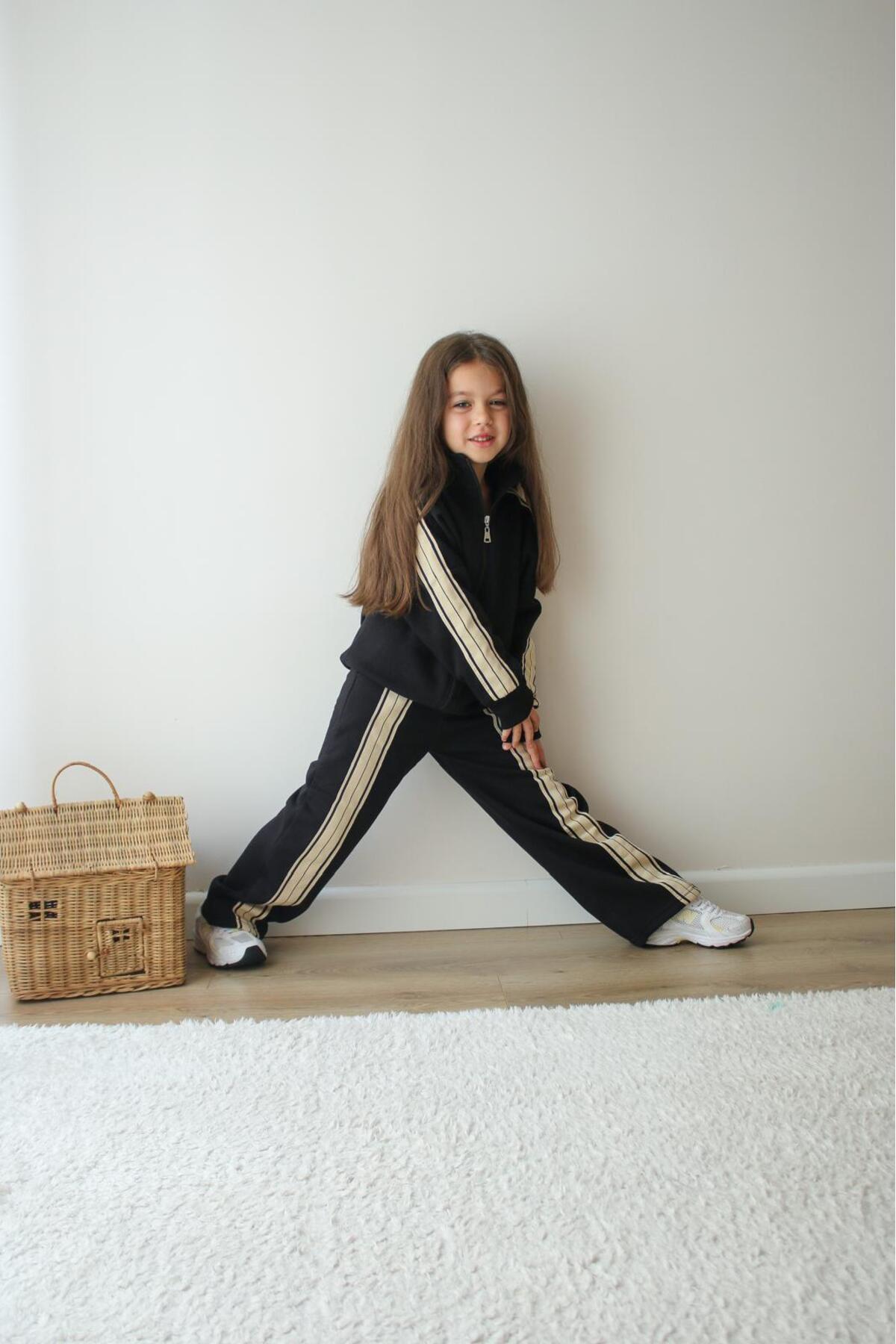 Kız Çocuk Çizgili Siyah Spor Eşofman Takımı Alt Üst Takım